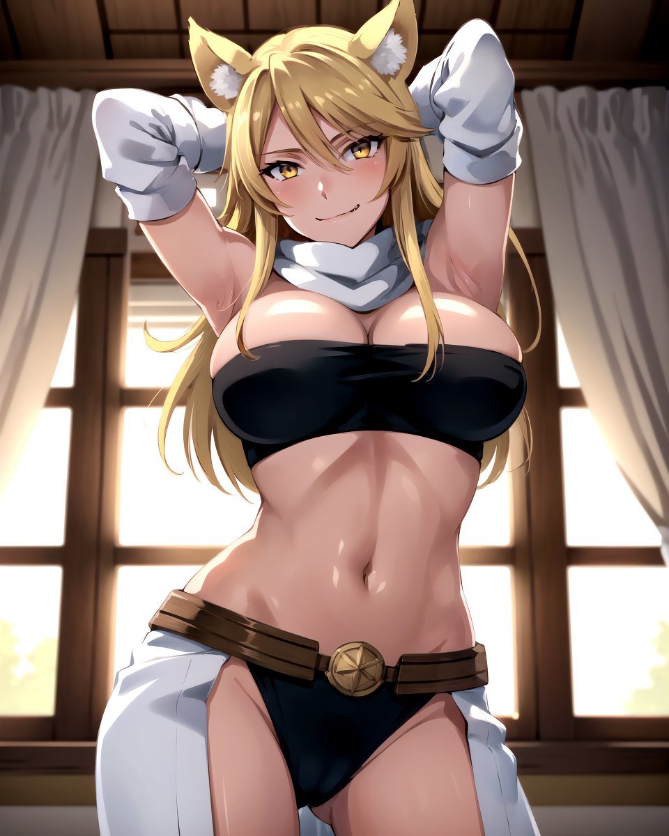 1girls, 2023, 2d, 2d (artwork), ai generated, akame ga kill!, armpits, arms behind head, assassin, belt, big breasts, blonde hair, breasts, busty, cat ears, female, female only, large breasts, legs, leone (akame ga kill!), looking at viewer, questionable, sensual, sexy armpits, smile, solo, solo female, teigu, thighs, voluptuous