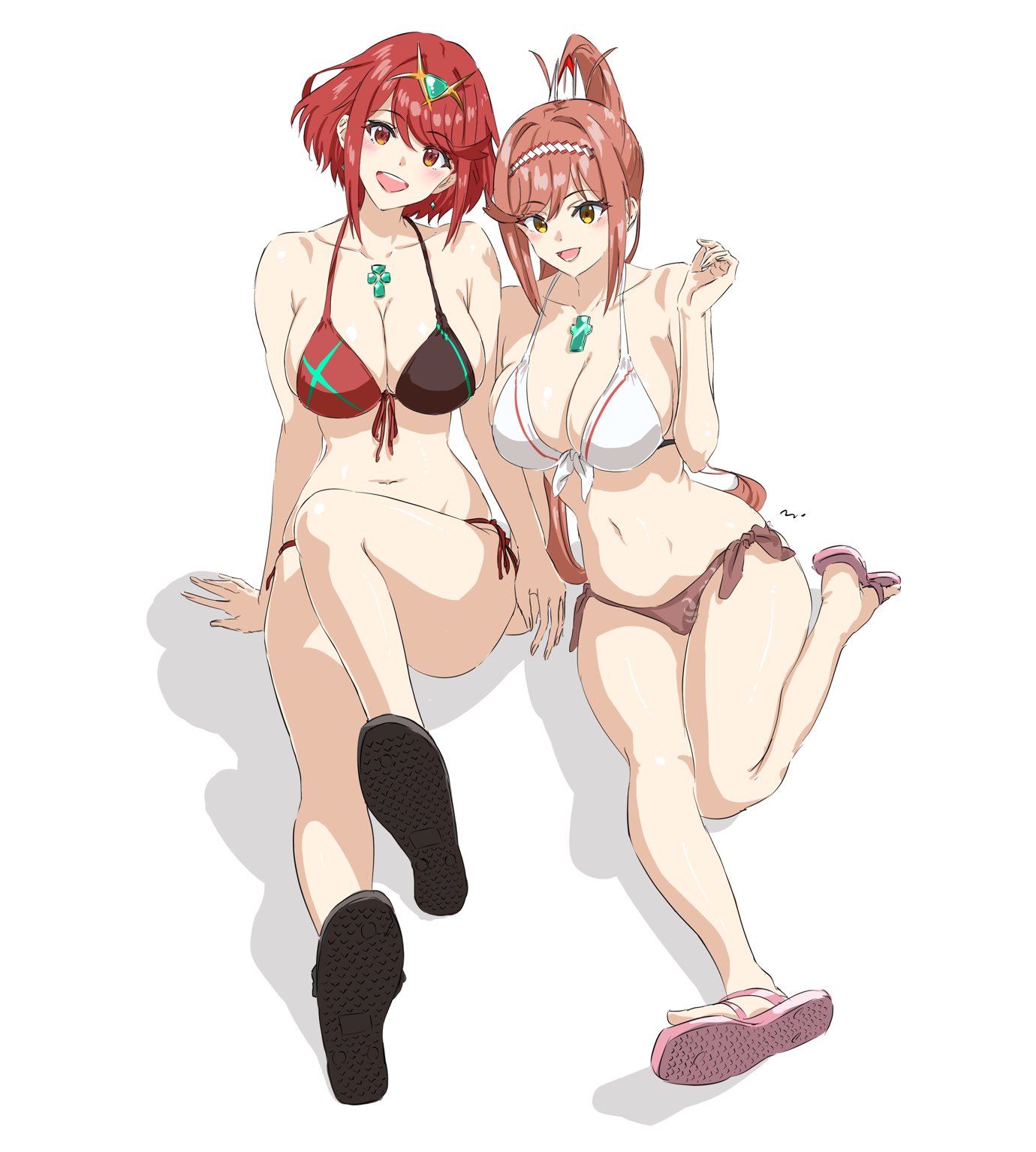 2girls, alluring, arms up, big breasts, bikini, blush, breasts, chest jewel, collarbone, color, colored, commentary, dangle earrings, earrings, feet, female, female focus, female only, full body, glimmer (xenoblade), heel up, high ponytail, high res, jewelry, kneepits, legs, long hair, looking at viewer, medium hair, mitsugu, mother and daughter, multiple females, multiple girls, navel, no dialogue, no text, open mouth, oyakodon, parent and child, pyra, red eyes, red hair, sandals, shoe soles, sidelocks, sitting, swept bangs, swimsuit, textless, tiara, white background, xenoblade (series), xenoblade chronicles 2, xenoblade chronicles 3, xenoblade chronicles 3: future redeemed