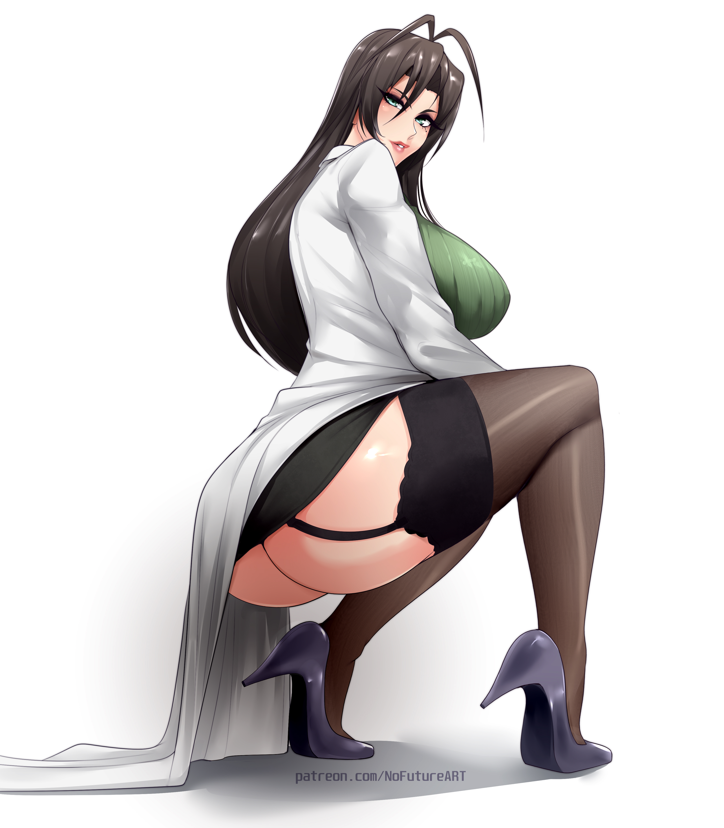 1girls, ass, big ass, big breasts, bottomwear, breasts, brown hair, female, female only, footwear, garter straps, green eyes, hair, hasegawa chisato, heels, high heels, huge ass, huge breasts, labcoat, legwear, lips, long hair, looking back, nofuture, shinmai maou no testament, solo, solo female, thick thighs, thighhighs, thighs, topwear