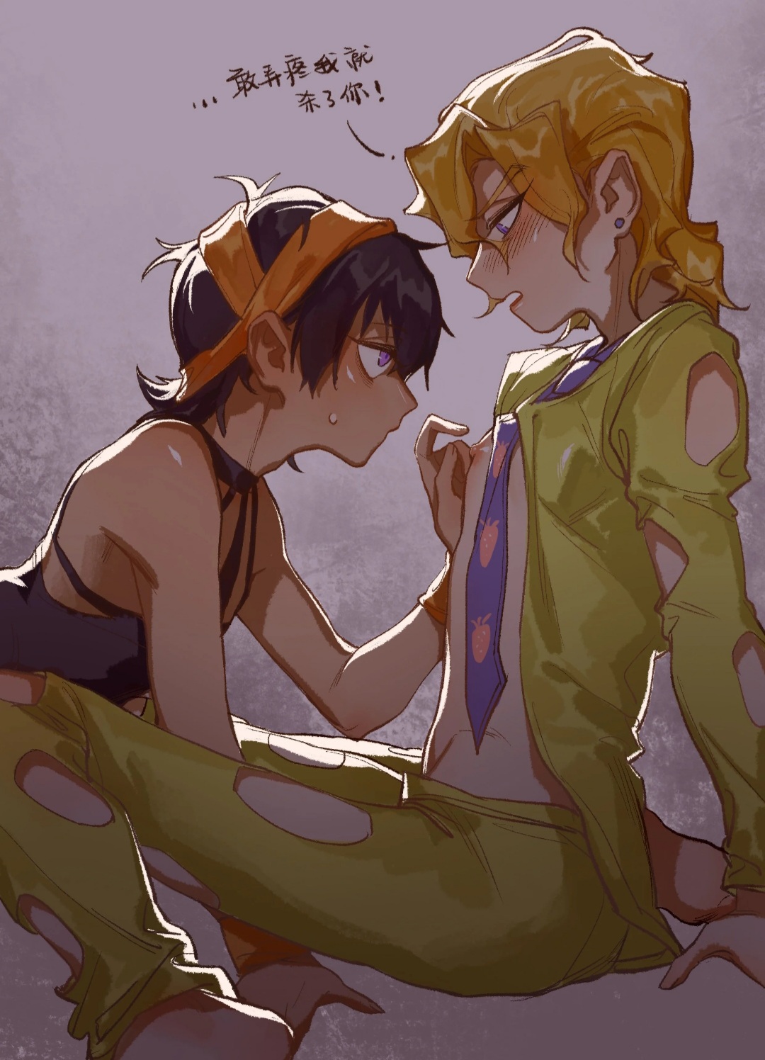 2boys, blonde hair, blush, dark hair, femboy, femboy on femboy, femboydom, femboysub, jojo's bizarre adventure, male, male only, narancia ghirga, nipple slip, pale skin, pannacotta fugo, tan skin, touching, touching nipples, vento aureo, yaoi