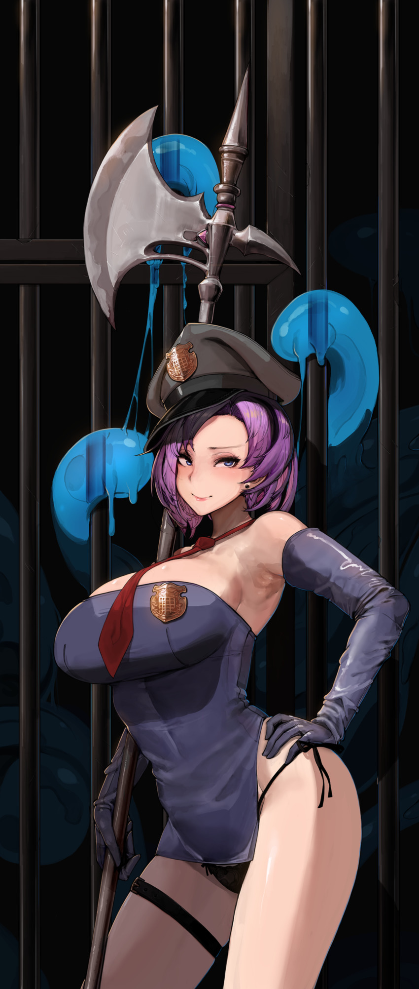 1girls black_panties blue_eyes braless cage deliciousmeatart earrings elbow_gloves karryn karryn's_prison necktie panties purple_hair short_hair slime smile standing