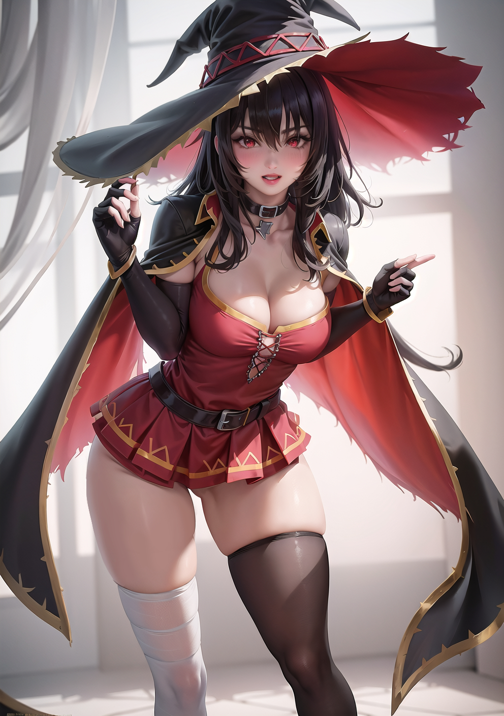 1girls, ai generated, breasts, dress, female, female only, huge breasts, kono subarashii sekai ni shukufuku wo!, legwear, looking at viewer, megumin, solo female, stable diffusion, witch, witch hat, wizard, wizard hat