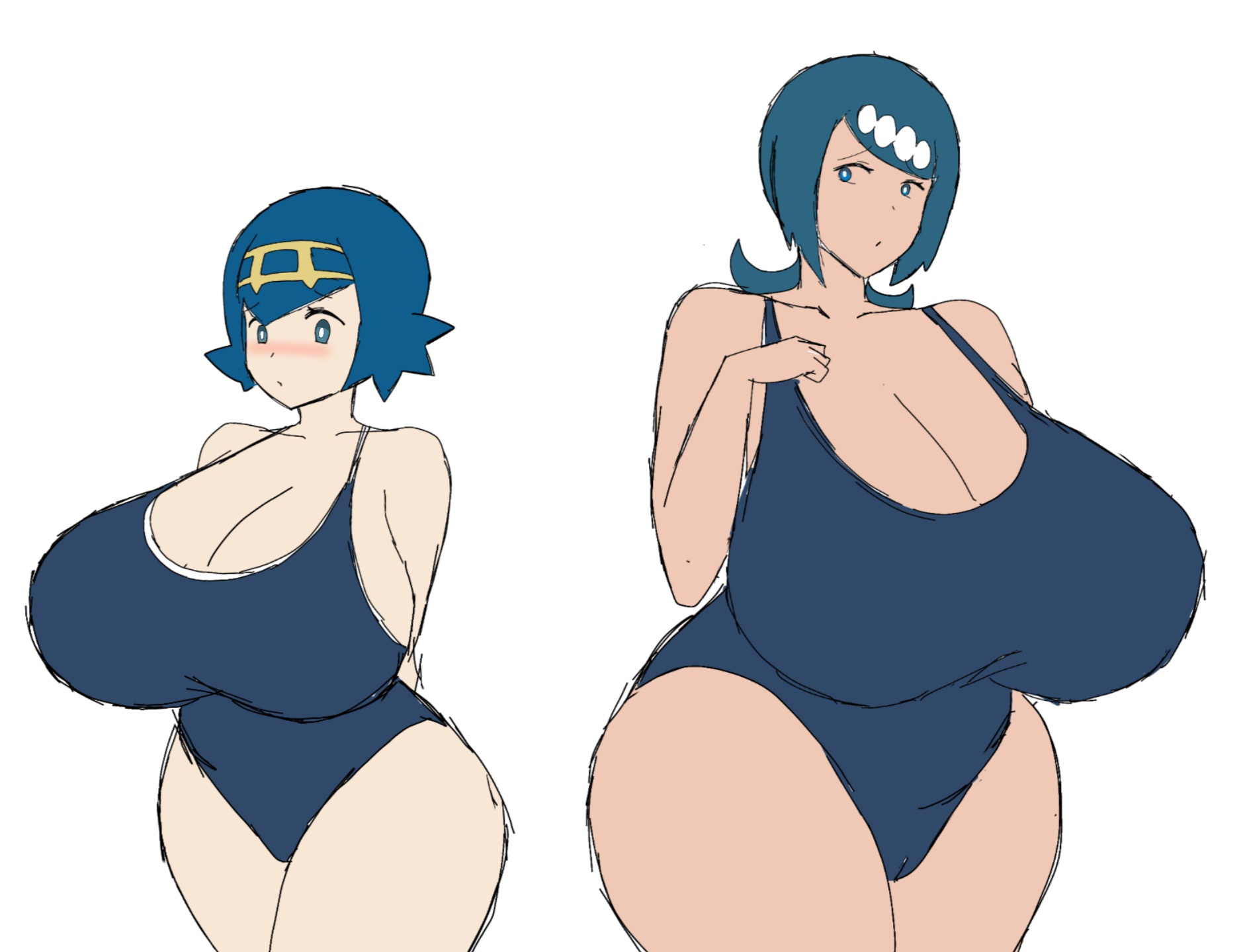 2girls, alternate breast size, big boobs, blue eyes, blue hair, blue-eyed female, blue-haired female, blush, breasts, breasts bigger than head, female, huge breasts, hyper breasts, lana (pokemon), lana's mother (pokemon), milf, momiji (artist), mother and daughter, pokemon, pokemon sm, venus body, white background