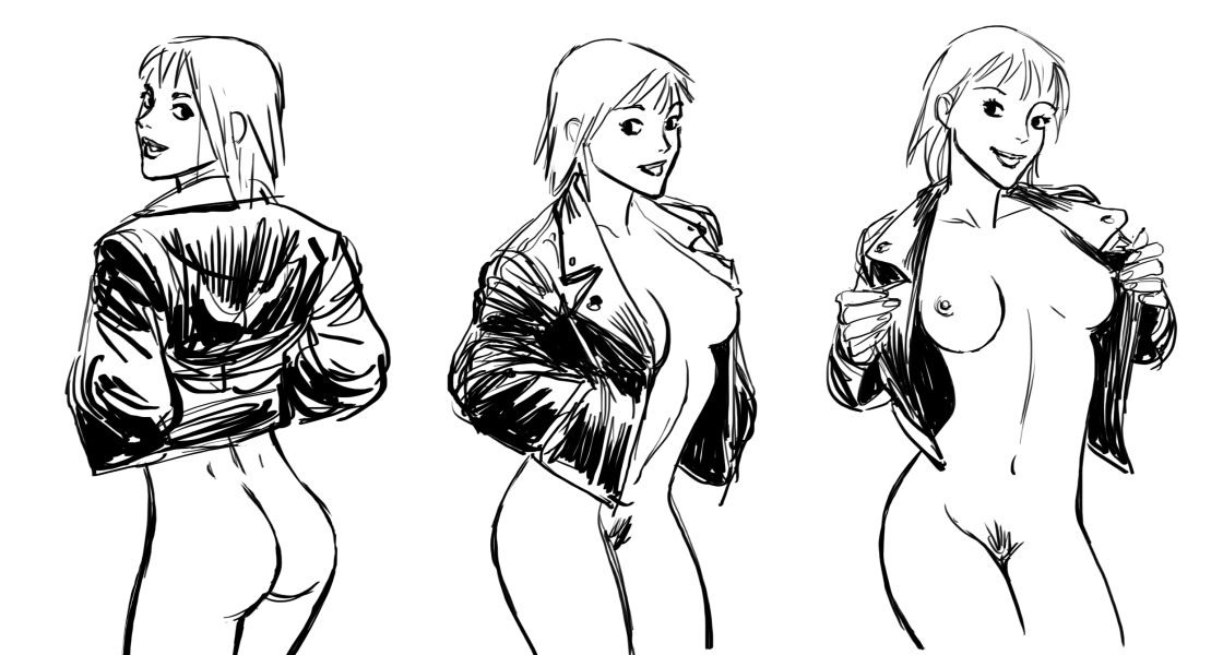 au_(artist) black_and_white blonde_hair boli-blog bottomless breasts flashing leather_jacket pubic_hair