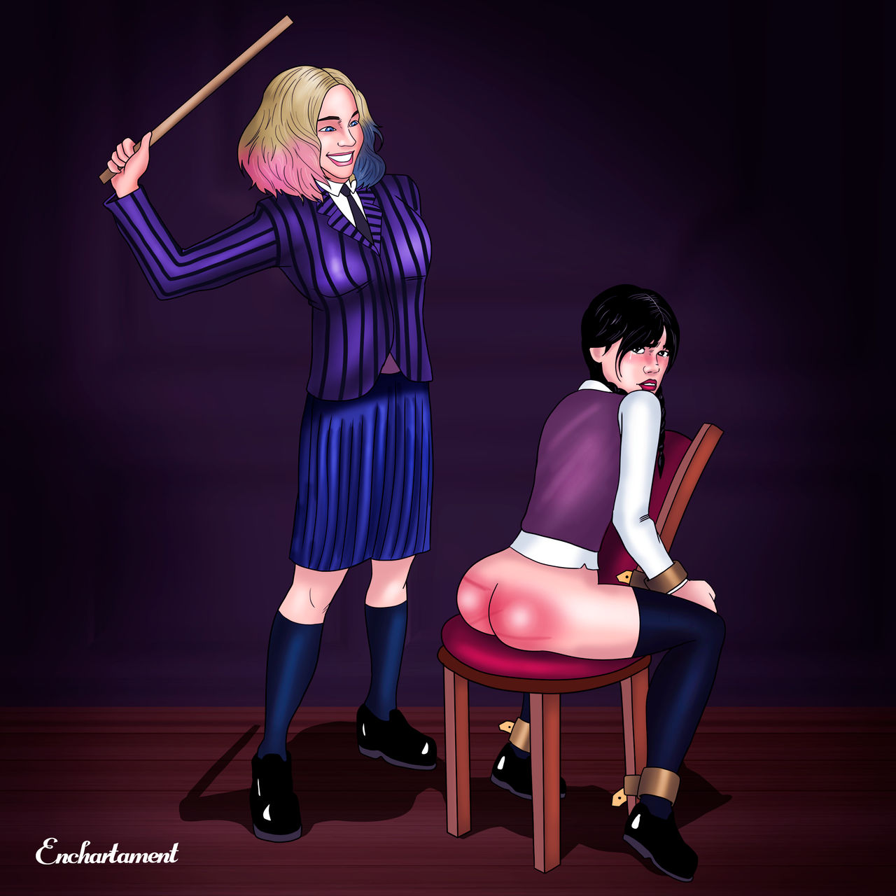 blue_socks emma_myers enchartament enid_sinclair female jenna_ortega socks spanked spanking the_addams_family thigh_socks thighhighs wednesday_(netflix) wednesday_addams