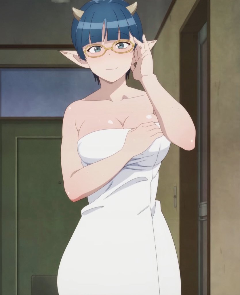 1girls, big breasts, blue hair, breasts, busty, cleavage, demon, demon girl, demon horns, female, female only, glasses, hi res, horns, large breasts, legs, looking at viewer, lv1 maou to one room yuusha, monster girl, pointy ears, screencap, screenshot, short hair, smile, solo, stitched, thighs, towel, zenia (lv1 maou to one room yuusha)