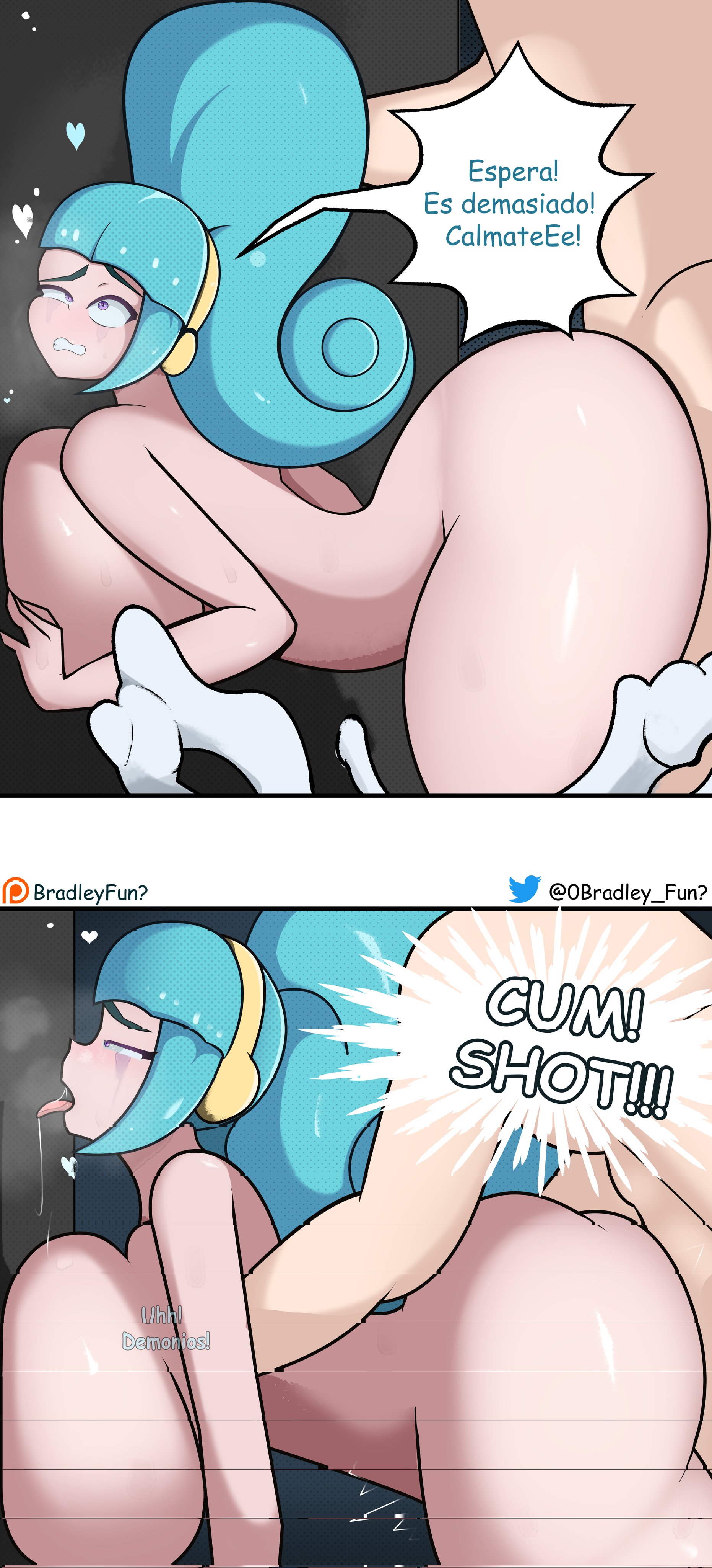 ass, big ass, big breasts, big butt, blue body, bradleyfun?, brawl stars, breasts, completely nude, cum, cumshot in ass, female, gigantic ass, gigantic breasts, headphones, heart, janet (brawl stars), nude, pinned to wall, popstar janet, saliva, sex, shocked