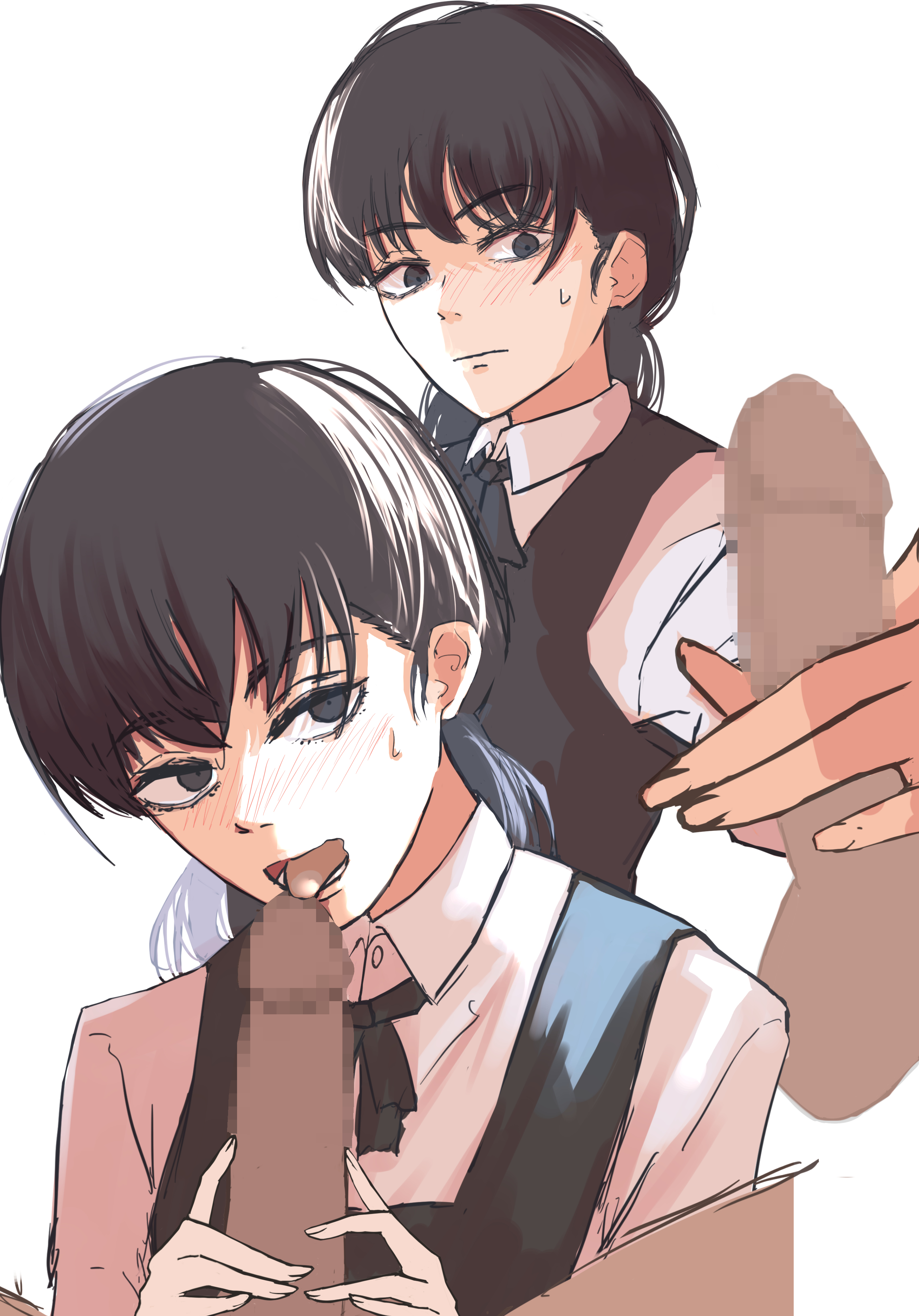 1girls, blush, censored, chainsaw man, erection, female, fourth east high school uniform, handjob, licking penis, male, mitaka asa, mosaic censoring, open mouth, penis, tongue out