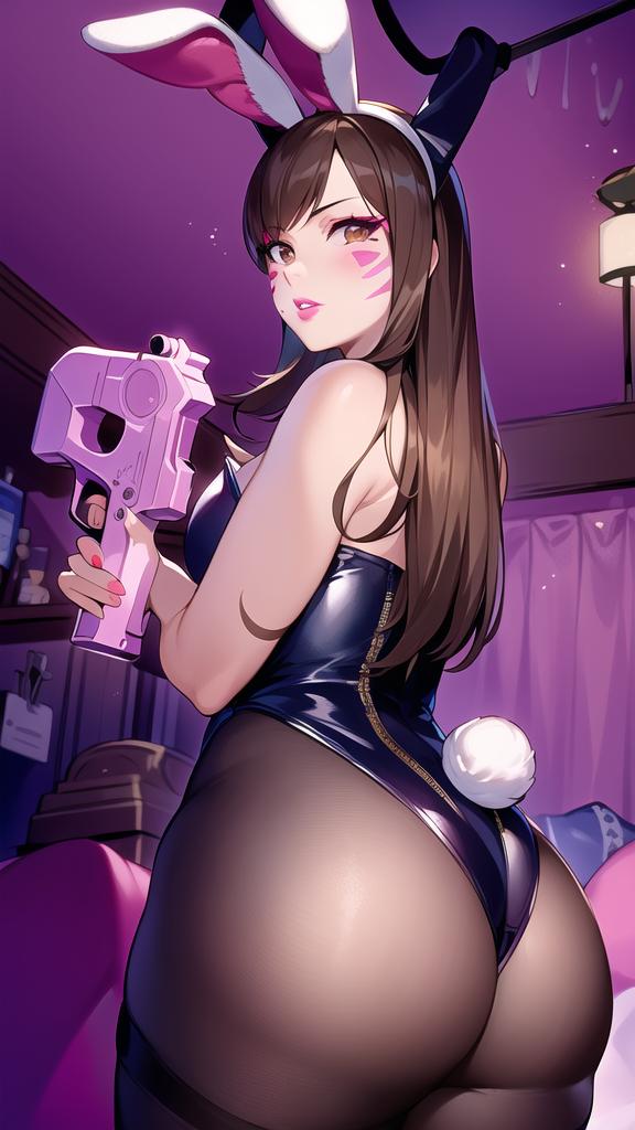 ai generated, ass, brown hair, bunny ears, bunny girl, d.va, female, overwatch, pantyhose, tagme