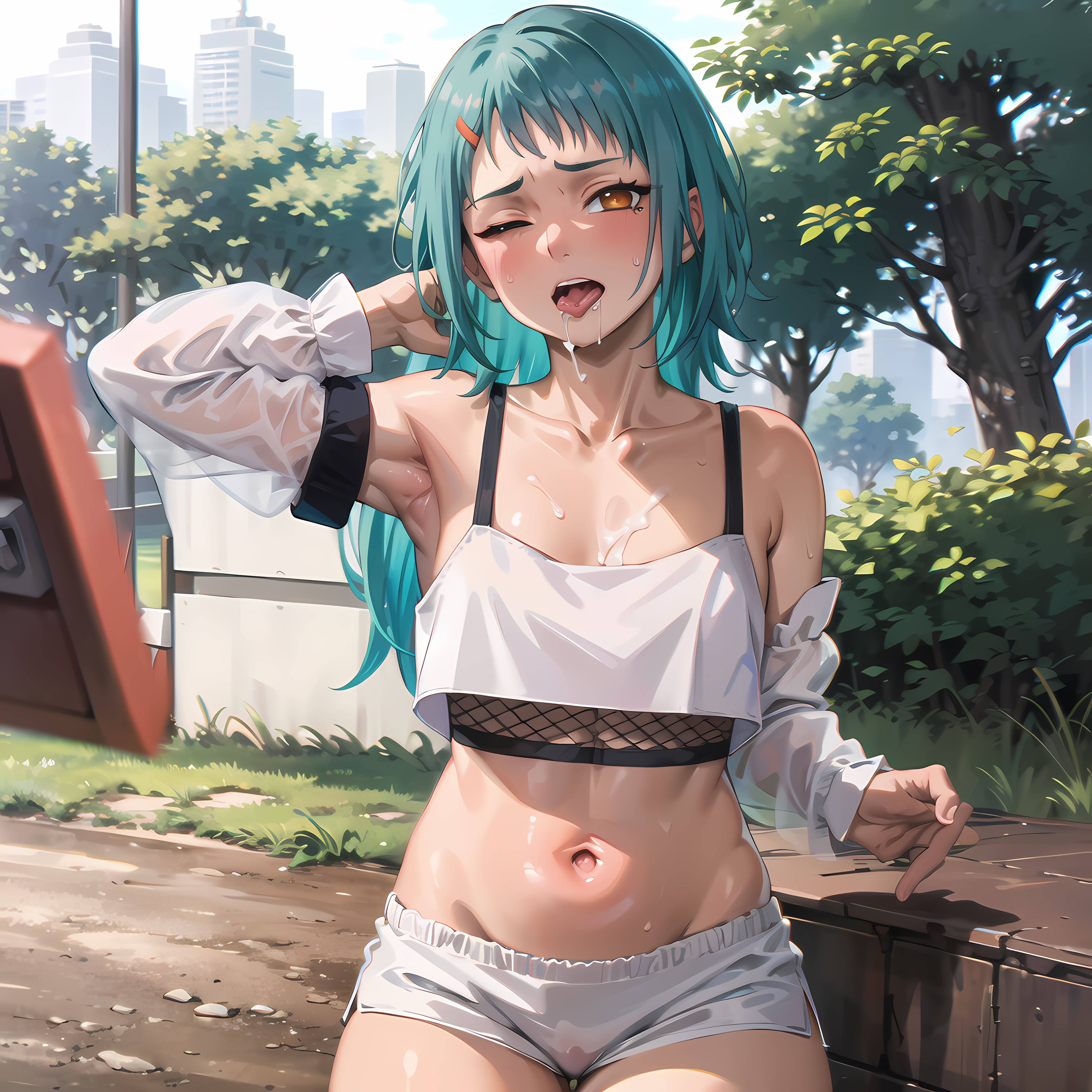 1girls, after oral, after sex, ai generated, alternate hair length, alternate hairstyle, armpits, clothing, crop top, cum, cum in mouth, cum on body, cumdrip, dark skin, dark-skinned female, female, fuu (naruto), green hair, long hair, looking at viewer, midriff, nai diffusion, naruto, naruto (series), naruto shippuden, one eye closed, orange eyes, petite, petite body, shorts, solo, solo focus, stable diffusion, tan skin