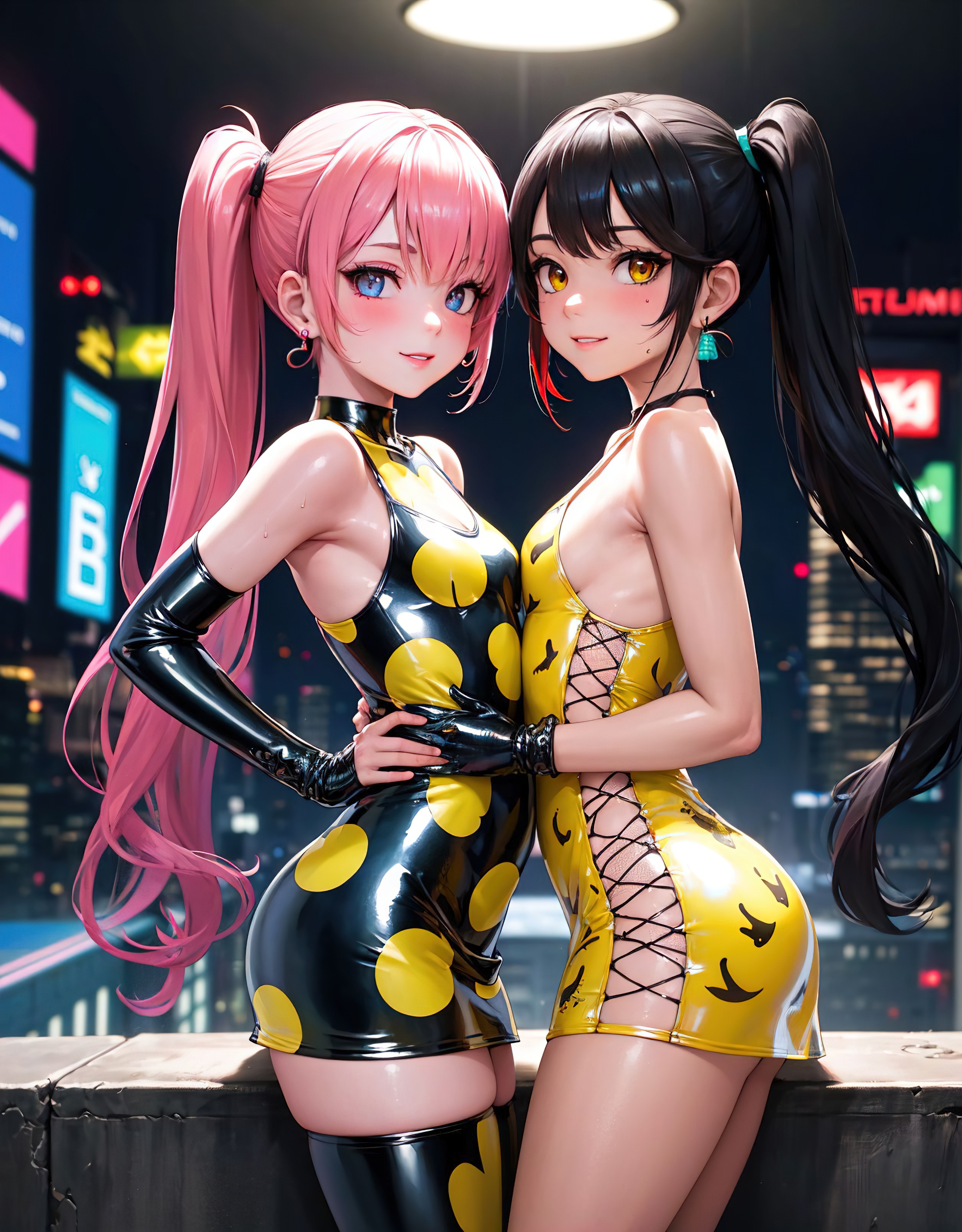 2girls, ai generated, black hair, blue eyes, breasts, dress, earrings, female, female only, fluffymammoth, gloves, jewelry, latex, long hair, looking at viewer, multiple females, multiple girls, neon lights, petite, pink hair, ponytail, small breasts, smile, thighhighs, yellow eyes