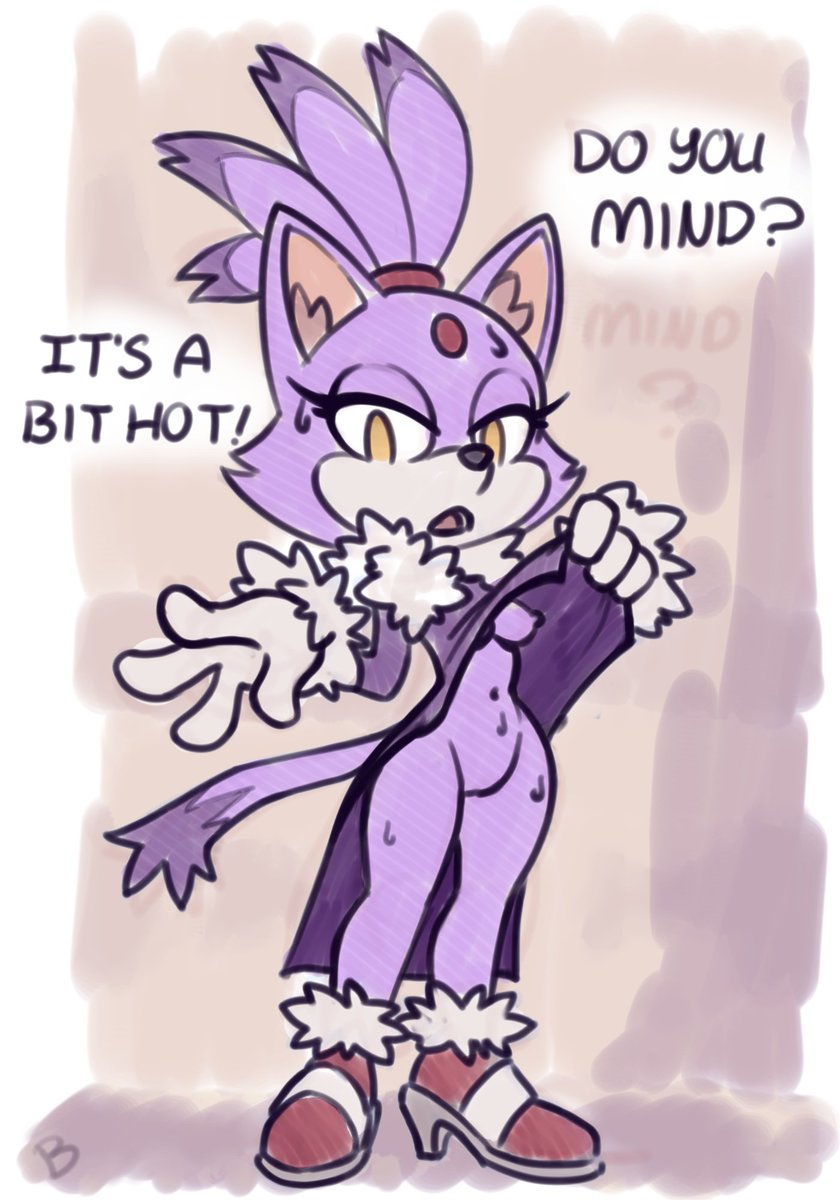 anthro blaze_the_cat bodily_fluids breasts casual casual_nudity clothed clothing clothing_lift dialogue domestic_cat dress dress_lift felid feline felis female footwear fur gloves handwear hi_res high_heels mammal pink_background purple_body purple_fur roger_bacon sega solo sonic_(series) sonic_the_hedgehog_(series) sweat the_murder_of_sonic_the_hedgehog white_background yellow_eyes