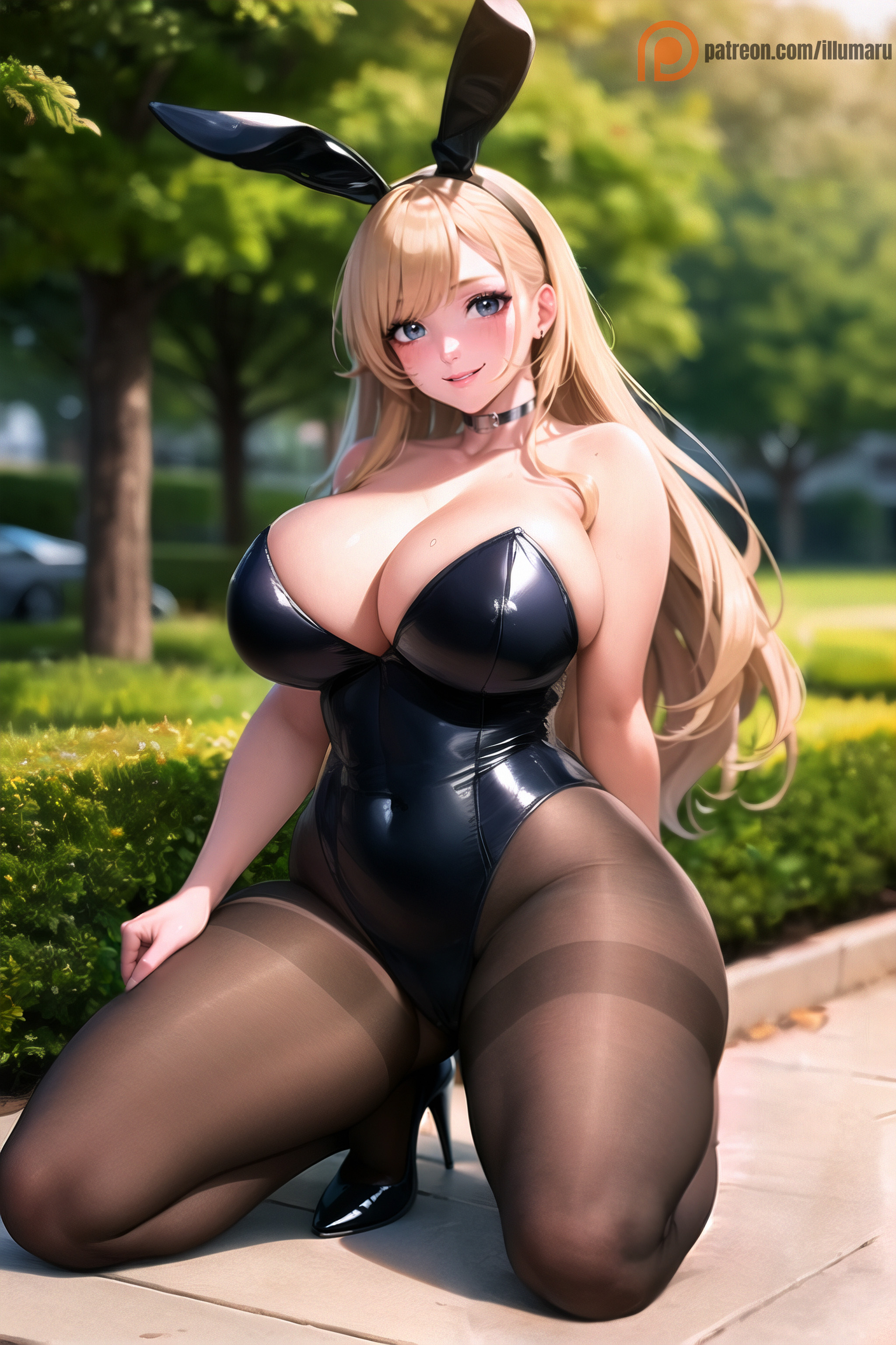 1girls, ai generated, animal ears, bangs, bare shoulders, big breasts, blonde hair, blush, breasts, brown pantyhose, bunny ears, bunnysuit, chubby, chubby female, cleavage, collarbone, curvy, curvy body, curvy figure, detailed, fake animal ears, fake ears, female, female only, grey eyes, heels, hi res, high heels, illumaru, large breasts, latex, long hair, looking at viewer, navel, on floor, original, original character, outdoors, outside, pantyhose, playboy bunny, seductive, seductive smile, sitting, smile, smiling, solo, spread legs, squatting, stable diffusion, thick thighs, thighband pantyhose, very long hair