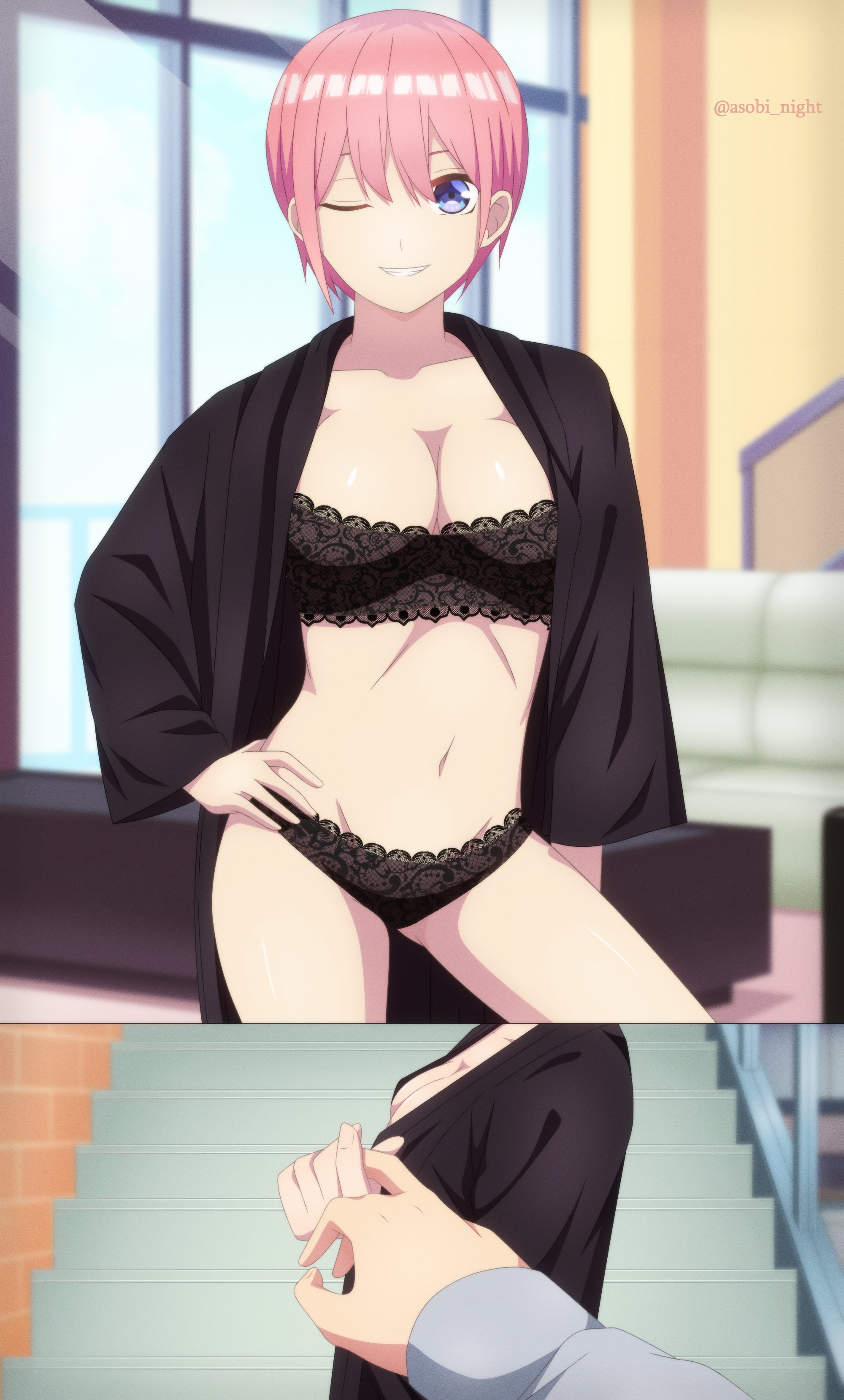 1boy, 1girls, absurdres, artist name, asobi night, big breasts, black bra, black panties, black robe, blue eyes, bra, breasts, busty, cleavage, confident, female, go-toubun no hanayome, hand on hip, highres, large breasts, long sleeves, looking at viewer, male, nakano ichika, navel, one eye closed, panties, pink hair, pose, posing, robe, sensual, short hair, sidelocks, smile, stairs, stomach, teeth, thighs, underwear, wink
