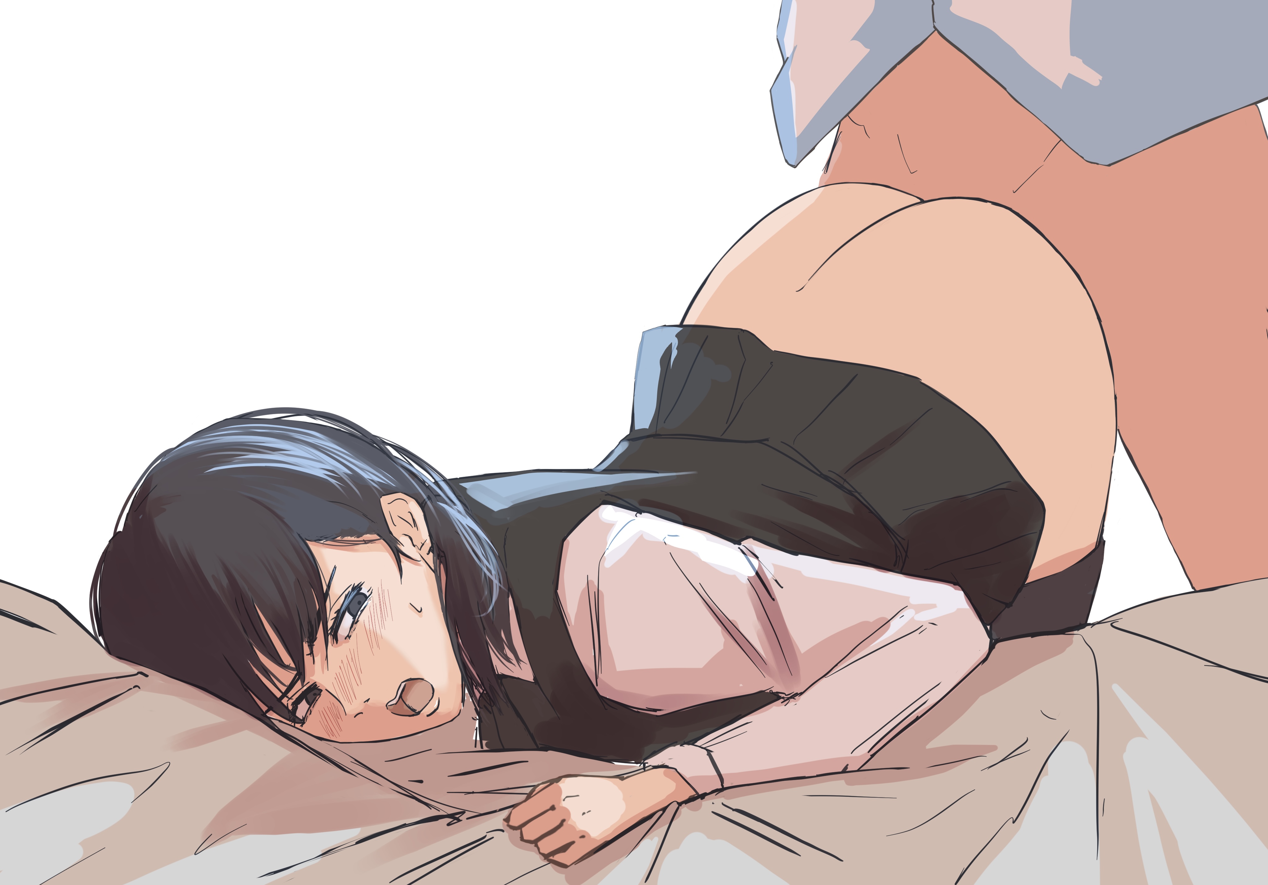 1boy, 1girls, ambiguous penetration, ass, black hair, blue eyes, blush, chainsaw man, female, fourth east high school uniform, looking back, mitaka asa, open mouth, pleasure face