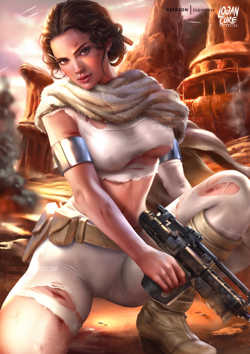 1girls attack_of_the_clones bare_midriff blood desert deviantart female female_only fight front_view geonosis gun holding_weapon logan_cure looking_at_viewer natalie_portman outside padme_amidala scar solo squatting star_wars torn_clothes torn_shirt underboob watermark weapon white_clothing