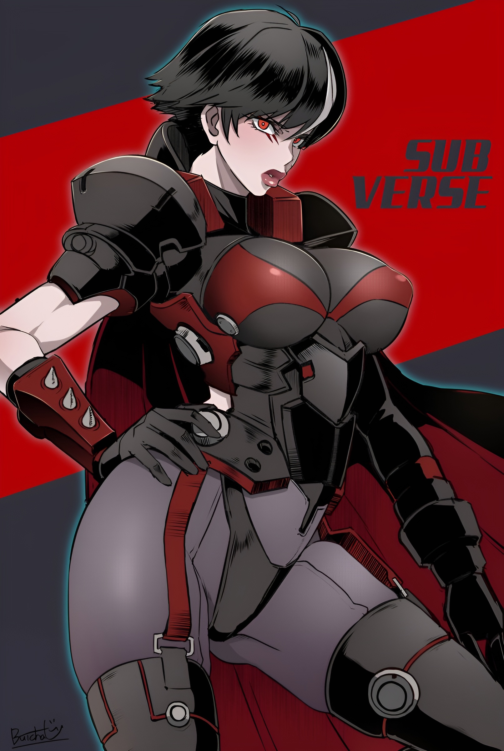 1girls, 2d, armor, ass, black hair, breasts, butcha-u, clothing, elizabeth blythe, female, hips, large breasts, medium hair, prosthetic arm, puffy nipples, red eyes, subverse, thick thighs, thighhighs, thighs