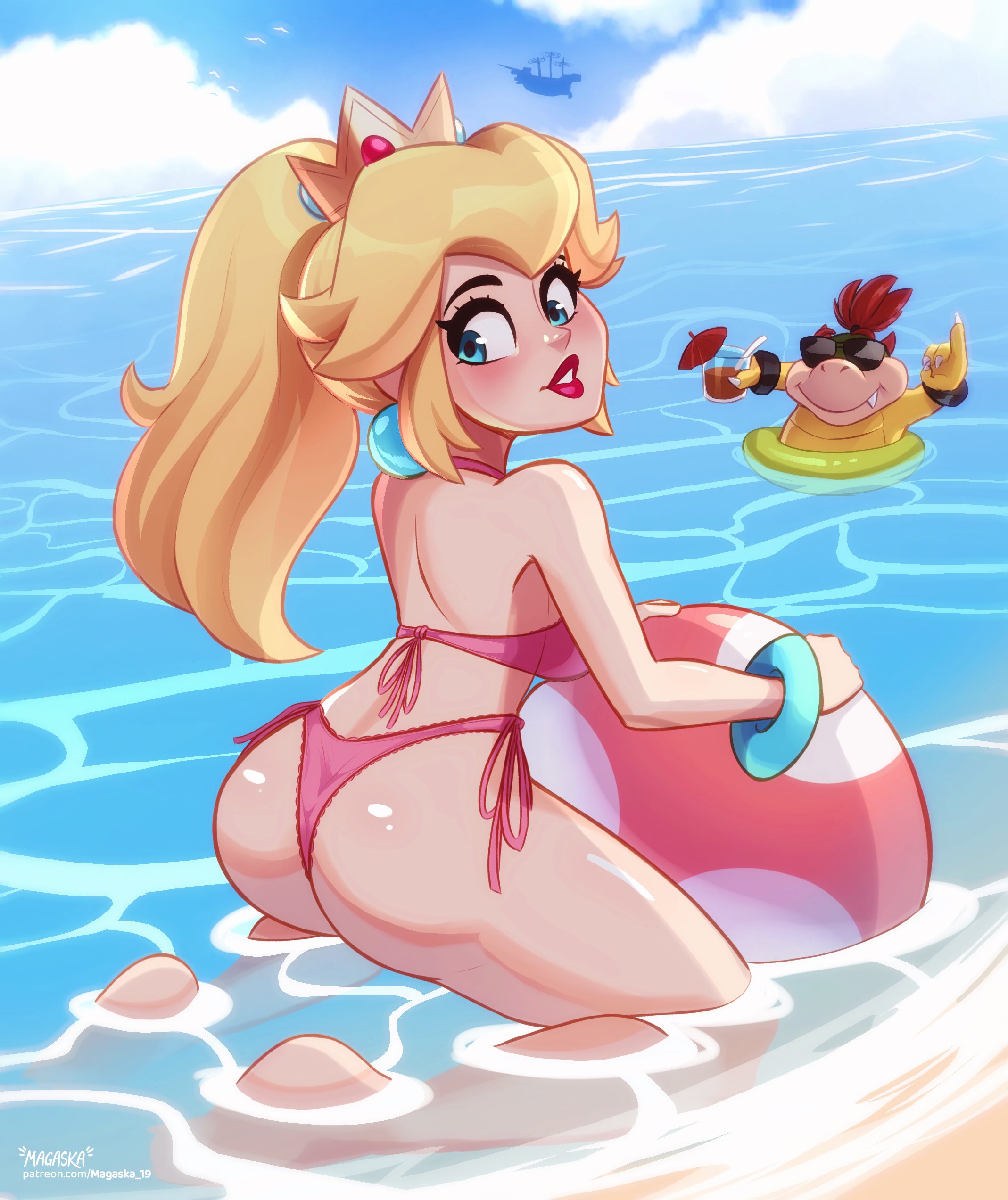 1boy, 1girls, 2d, 2d (artwork), ass, bangs, beach, big lips, bikini, blonde hair, blue eyes, blush, bowser jr., crown, female, female focus, from behind, kneeling, light skin, light-skinned female, lips, lipstick, magaska19, male, mario (series), mushroom, nintendo, outdoors, pale skin, pale-skinned female, partially submerged, pink bikini, pink lips, pink lipstick, ponytail, princess peach, shiny skin, string bikini, super mario bros., thick lips, thick thighs, water, watermark