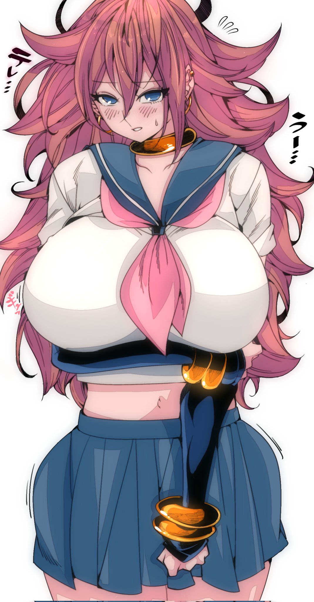 1girls, android 21, android 21 (human), belly button, big breasts, blue eyes, blush, bracelets, breasts, brown hair, dragon ball, dragon ball fighterz, ear piercing, earrings, elbow gloves, female, gold jewelry, long hair, messy hair, omochi db, school uniform, skirt, voluptuous female, vomi (dragon ball)