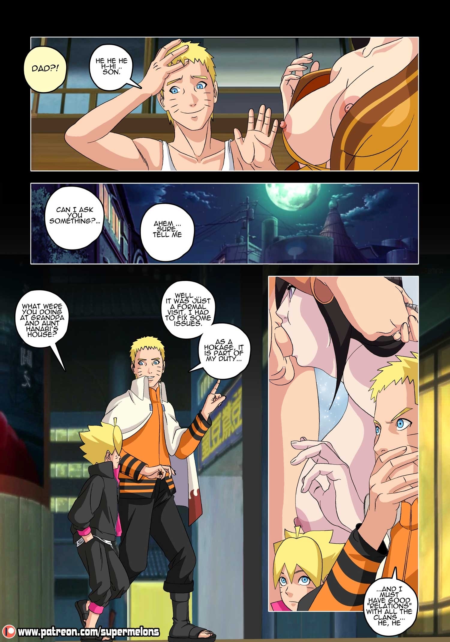 1girls, 2boys, almost caught, aunt and nephew, before and after, blonde hair, blowjob, boruto: naruto next generations, breasts, brother in law and sister in law, brown hair, comic, deepthroat, dialogue, english text, father and son, female, hair grab, high resolution, hyuuga hanabi, irrumatio, male, multiple boys, multiple males, naruto, naruto (series), oral, oral sex, penis, penis in mouth, story, straight, super melons, uzumaki boruto, uzumaki naruto, very high resolution, voluptuous