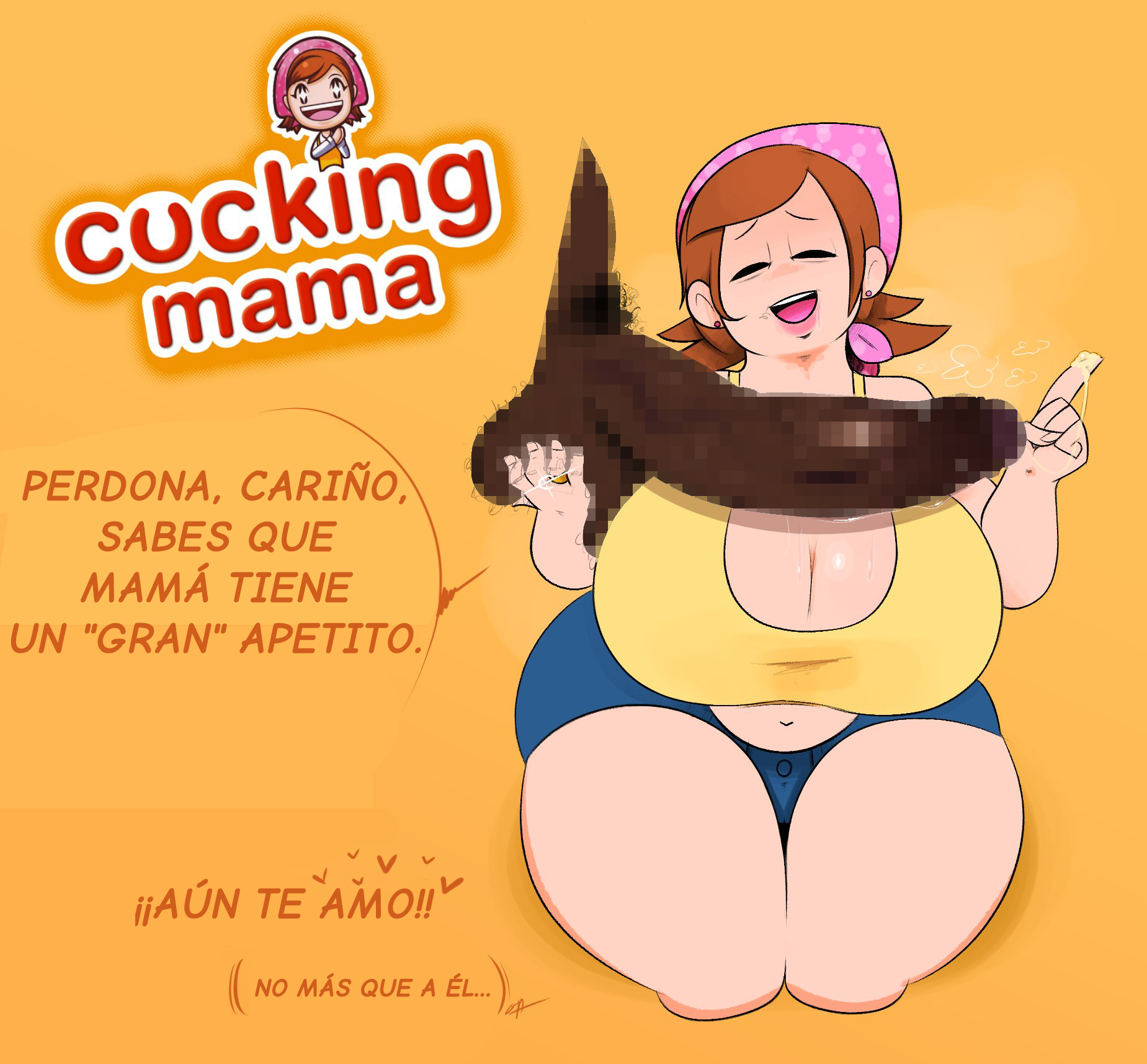 1boy, 1girls, alternate version available, big breasts, big penis, breasts, censored, censored penis, cheating, chubby female, closed eyes, clothing, cooking mama, cuckold, dark skin, dark-skinned male, earrings, erection, female, female focus, light skin, light-skinned female, lipstick, male, mama (cooking mama), milf, mosaic censoring, penis, pink lipstick, shorts, simple background, spanish text, text, yellow background, yellow clothing