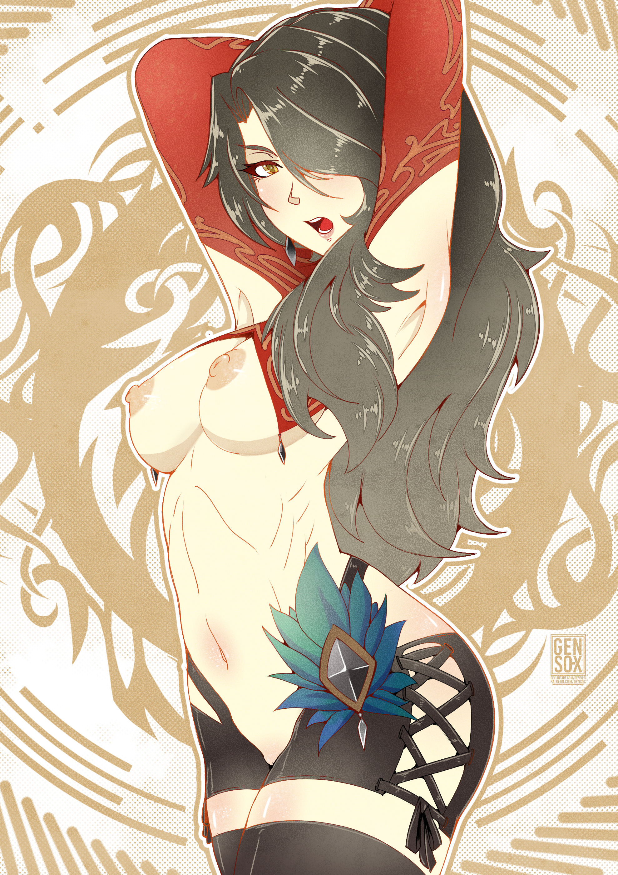 1girls, amber eyes, black hair, breasts, breasts out, cinder fall, ear ring, female, gensox, hands behind head, light skin, light-skinned female, long hair, nipples, pinup, pinup pose, pussy, rooster teeth, rwby, solo, solo female, topless, topless female, yellow eyes