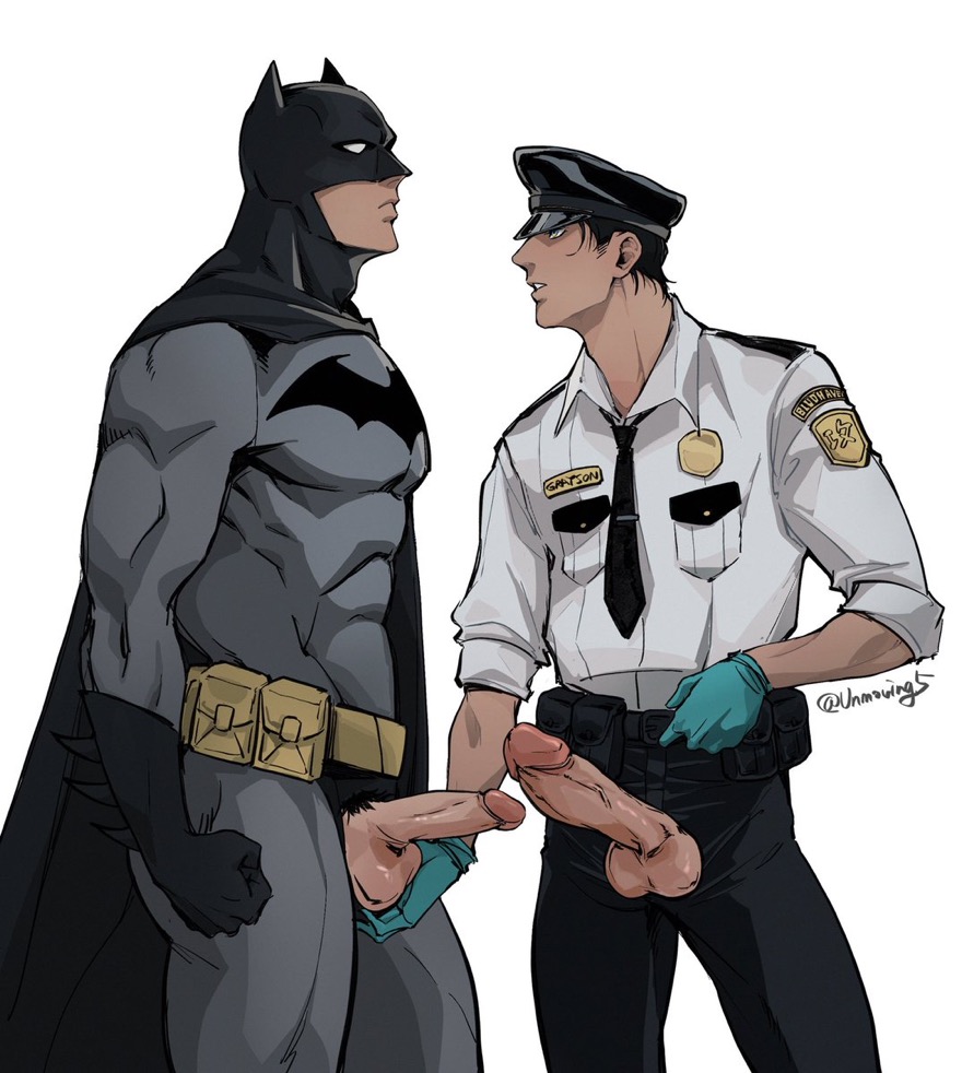 arrest batman batman_(bruce_wayne) batman_(series) before_handjob before_oral before_sex bruce_wayne crotchless_clothes daddy dc dc_comics dick_grayson fists_clenched fondling fondling_balls fraternity gay groping groping_crotch handjob male male/male male_only manly nightwing no_sex police police_officer police_uniform public public_exposure public_nudity size_comparison teasing touching_balls touching_penis unmoving yaoi