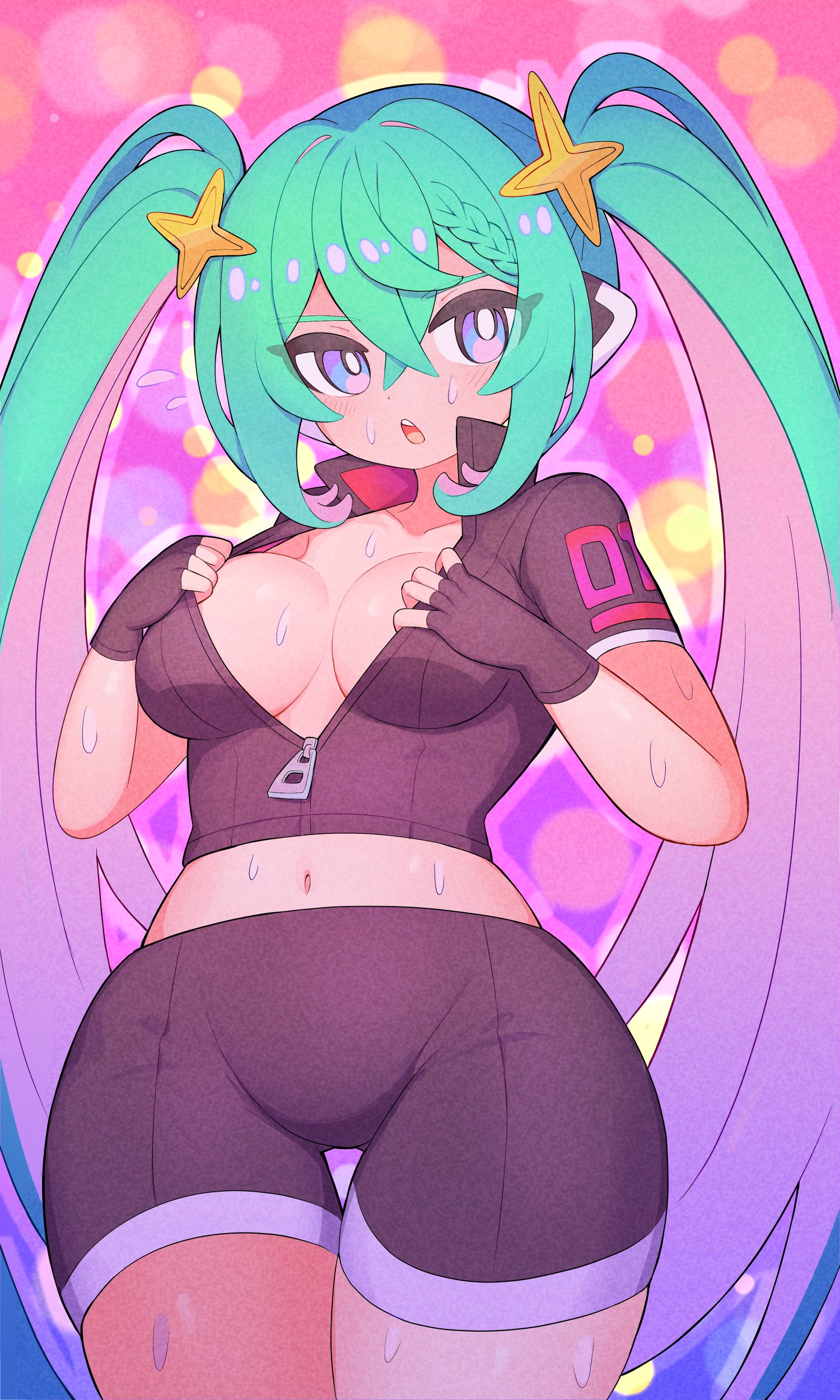 1girl, 1girls, aqua hair, bangs, big breasts, bike shorts, black gloves, blue eyes, braid, breasts, busty, child bearing hips, cleavage, collarbone, cowboy shot, female, female only, fingerless gloves, gloves, green eyes, green hair, hair between eyes, hair ornament, hatsune miku, highres, jacket, large breasts, legs, light skin, light-skinned female, long hair, looking at viewer, medium breasts, midriff, multicolored hair, navel, nishitin, open mouth, pink hair, shorts, solo, star hair ornament, sweat, thick thighs, thigh gap, thighs, top pull, twintails, unzipped, very long hair, vocaloid, voluptuous, wide hips