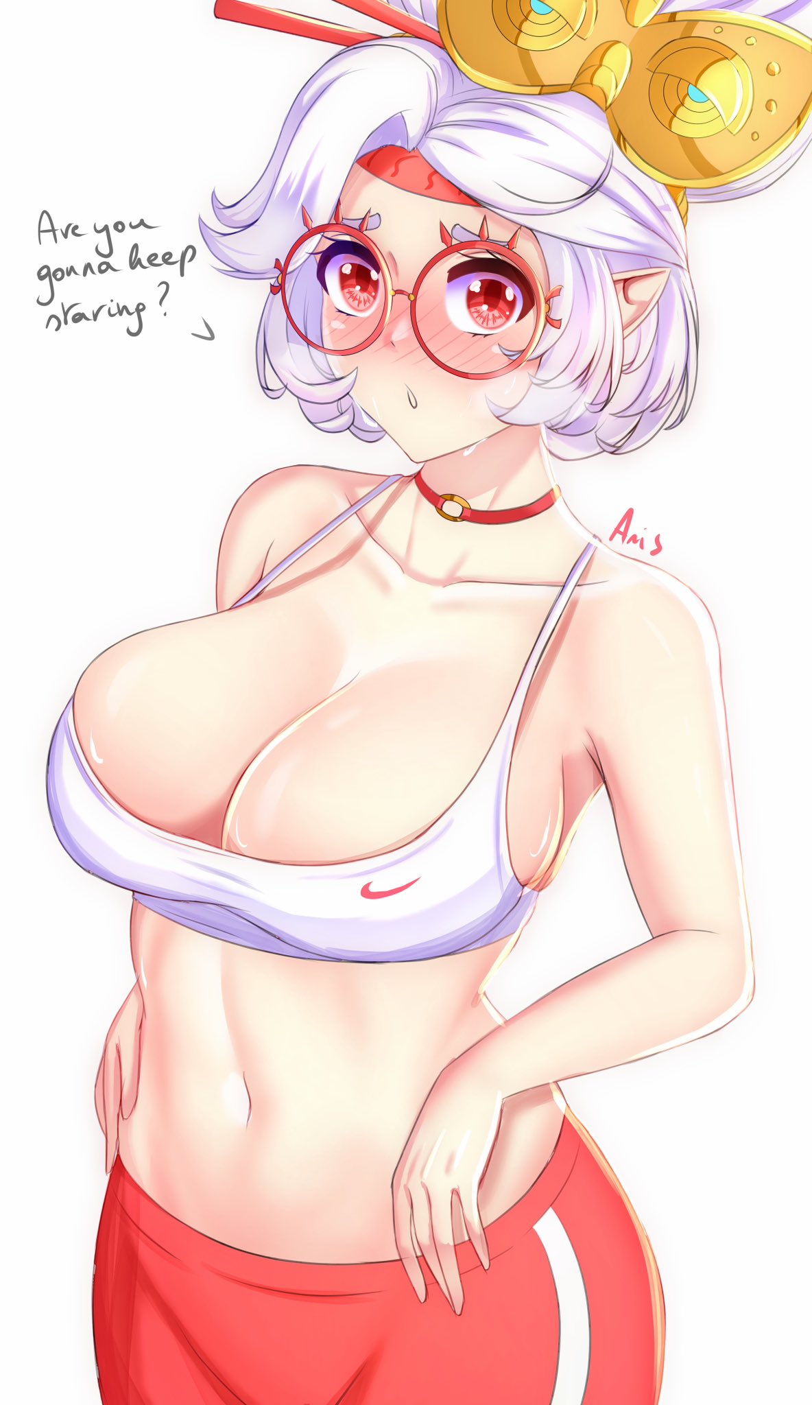 1girls, anisdrawn, blush, breasts, choker, cleavage, dialogue, female, female only, glasses, hi res, highres, large breasts, looking at viewer, navel, nintendo, pointy ears, purah, purah (tears of the kingdom), solo, sports bra, sportswear, talking to viewer, tears of the kingdom, the legend of zelda, white hair