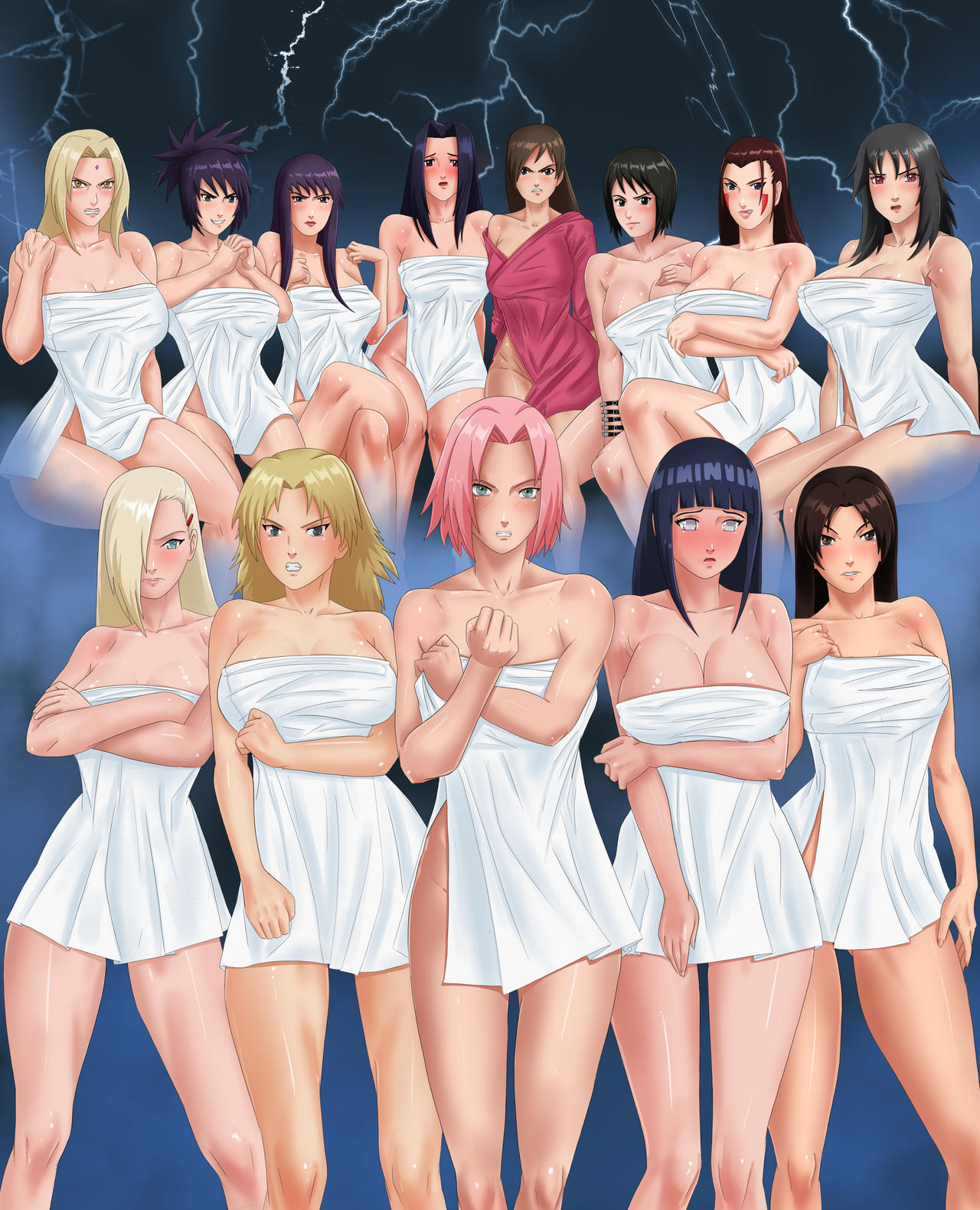 13girls 6+girls adult adult_and_teenager age_difference amenoosa angry ayame_(naruto) barely_clothed bathrobe black_hair blonde_hair blush breasts brown_hair cleavage curvaceous embarrassed female female_only furious harem haruno_sakura hyuuga_hinata ino_yamanaka inuzuka_hana kurenai_yuhi light-skinned_female light_skin long_hair looking_at_viewer mitarashi_anko mostly_nude multiple_girls naruto naruto_(series) naruto_shippuden older_female pink_hair purple_hair robe sakura_haruno shizune sitting standing take_your_pick teenager temari tenten towel towel_only tsunade tsunami_(naruto) uzuki_yuugao viewer_perspective viewer_pov voluptuous yamanaka_ino younger_female yuuhi_kurenai