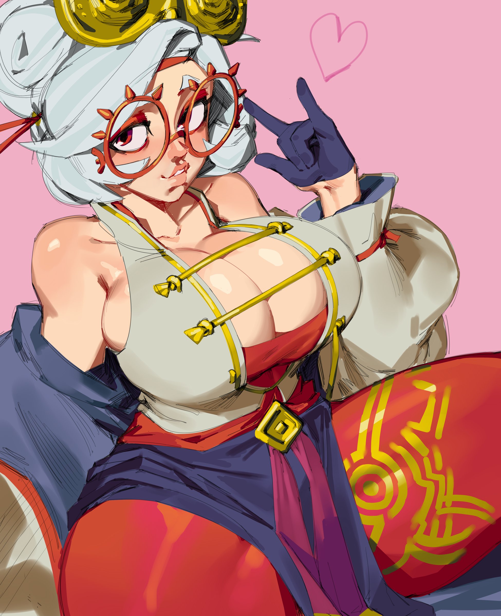 1girls, breasts, cleavage, female, glasses, hips, huge breasts, looking at viewer, naughty face, nezulet, nintendo, purah, purah (tears of the kingdom), smile, tears of the kingdom, the legend of zelda, thick thighs, thighs, tights, white hair, wide hips
