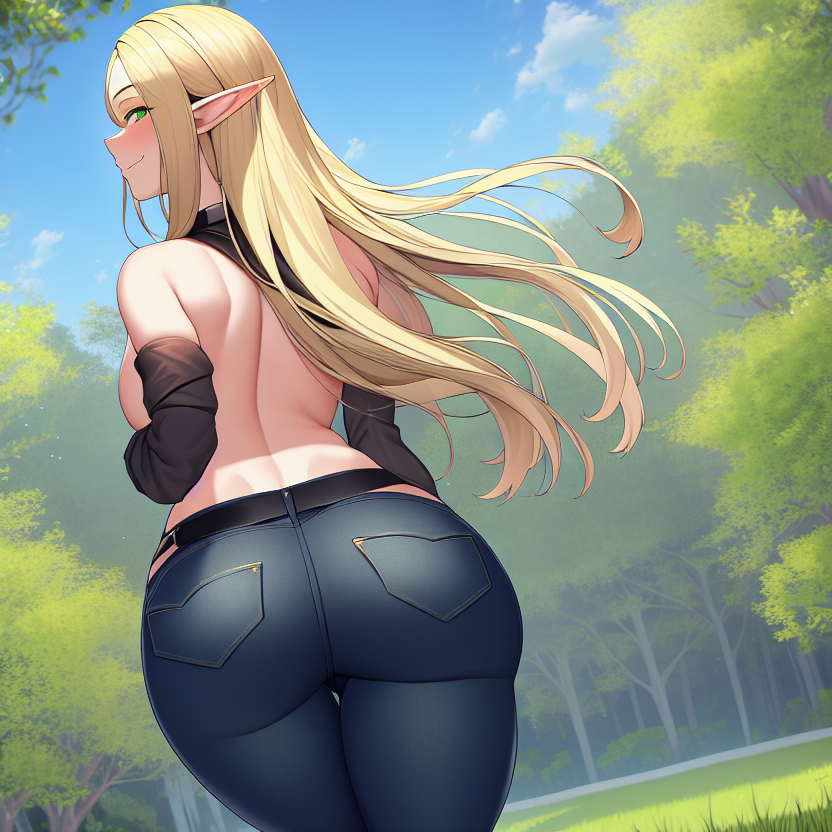 1girls ai_generated alborewimi ass ass_focus bare_back bare_shoulders belt big_ass big_butt black_sleeves blonde_hair blue_jeans blush denim denim_bottomwear denim_clothing denim_jeans elf elf_ears fat_ass female from_behind green_eyes heavenly_ass jeans levanta_cola_jeans light-skinned_female looking_at_viewer looking_back mature_female nai_diffusion naughty_face outdoors pawg pockets pointy_ears rear_view round_ass round_butt seductive seductive_smile solo solo_focus stable_diffusion standing tease teasing teasing_viewer thick_ass thigh_gap tight_clothing tight_jeans