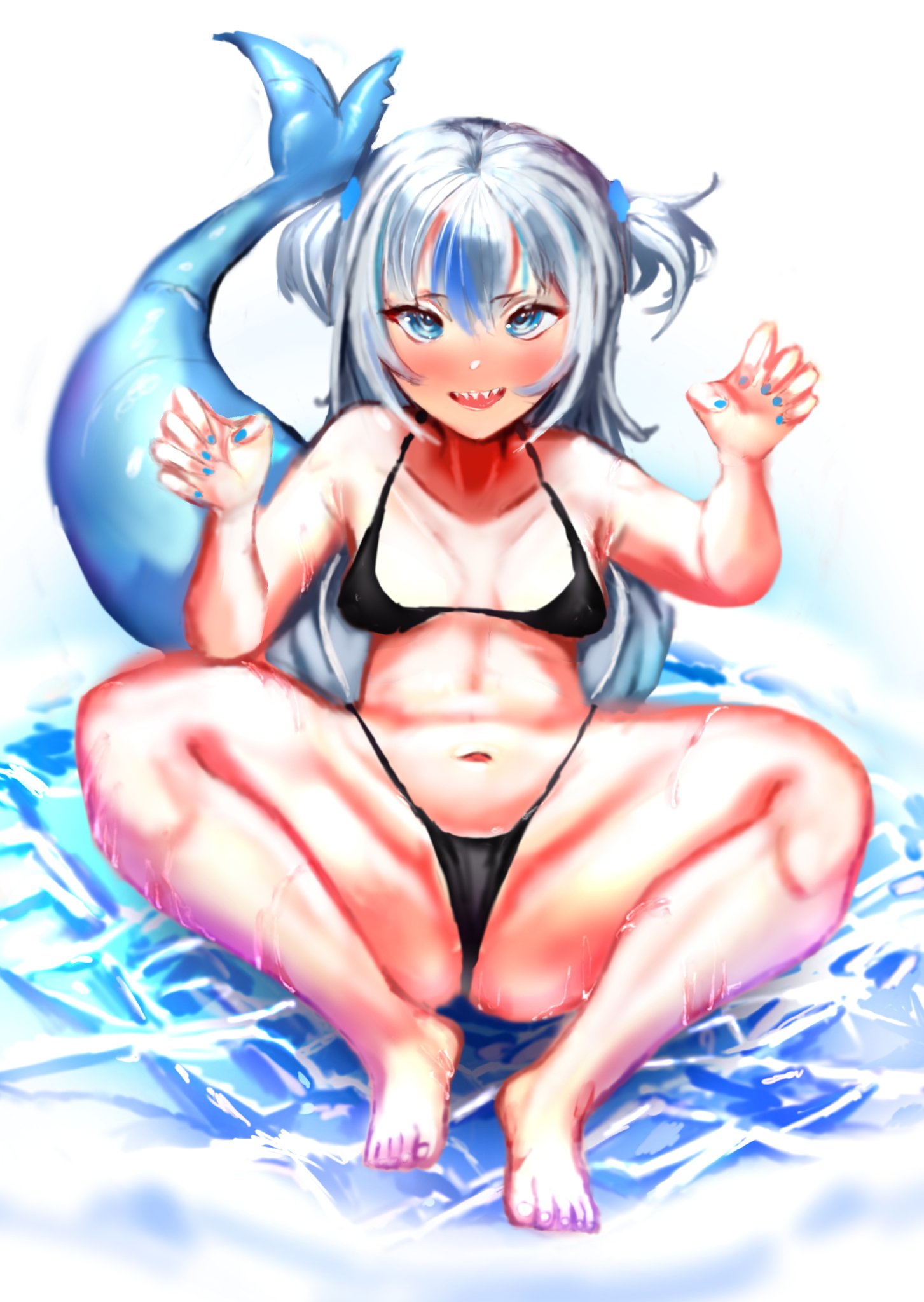 1girls 5_fingers 5_toes bikini bikini_bottom bikini_top black_bikini black_bikini_bottom black_bikini_top blue_eyes blue_fingernails blue_nails breasts female gawr_gura hololive hololive_english hololive_myth natsuwatch_(artist) painted_fingernails painted_nails shark_tail tail teeth virtual_youtuber water wet