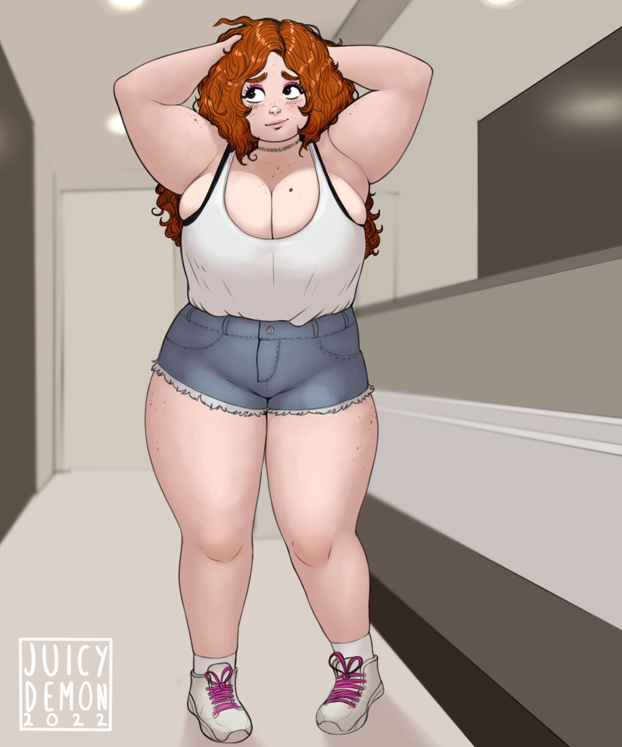 big breasts, breasts, curly hair, curvy, female, ginger, hands behind head, juicydemon, rachel (juicydemon), tagme