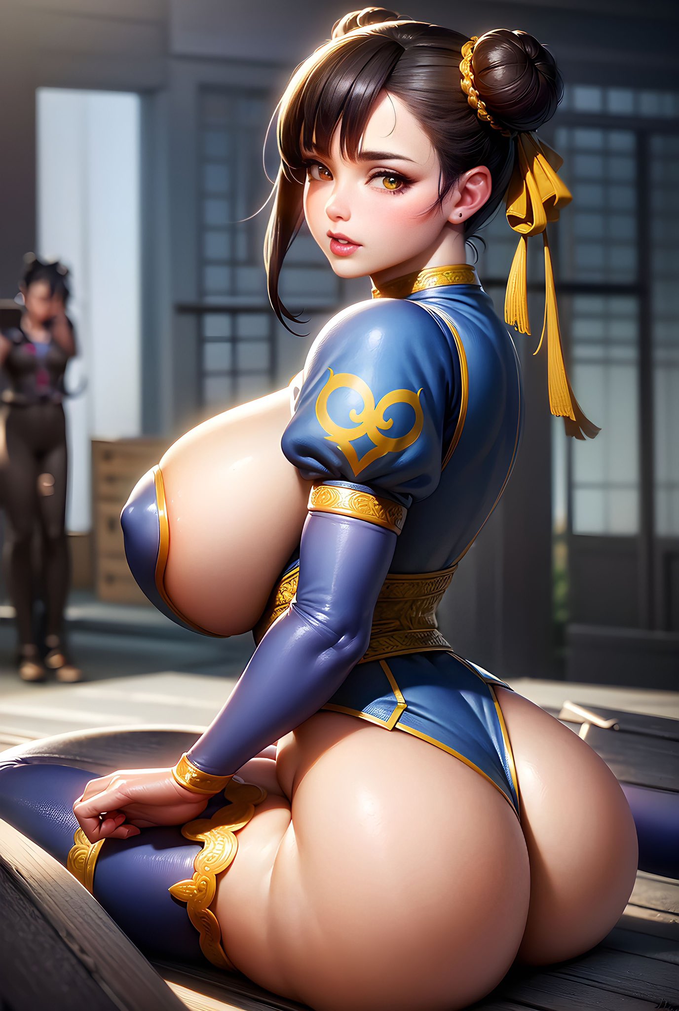 ai generated, ass, big breasts, breasts, chinese clothes, chinese dress, chun-li, female, sitting, stable diffusion, street fighter, tagme