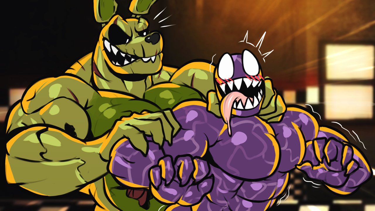 2boys abs alien animatronic anthro ass bara blush crossover el_benon fan_character five_nights_at_freddy's five_nights_at_freddy's_3 from_behind from_behind_position gay mache machine male male/male male_only mammal marvel muscular muscular_male pecs purple_body rabbit rabbit_humanoid robot sharp_teeth smiling springtrap springtrap_(fnaf) symbiote tongue_out trembling venom venom_(marvel) youtube_hispanic youtube_thumbnail