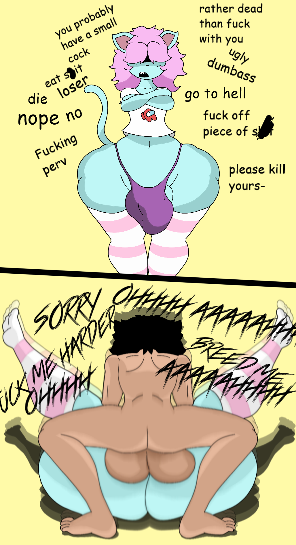 2koma among_us anal angry anthro big_ass big_penis dialogue femboy furry furu_flami furu_ice gay huge_ass huge_balls instant_loss_2koma male/male mating_press rape sharp_teeth small_but_hung swear swearing