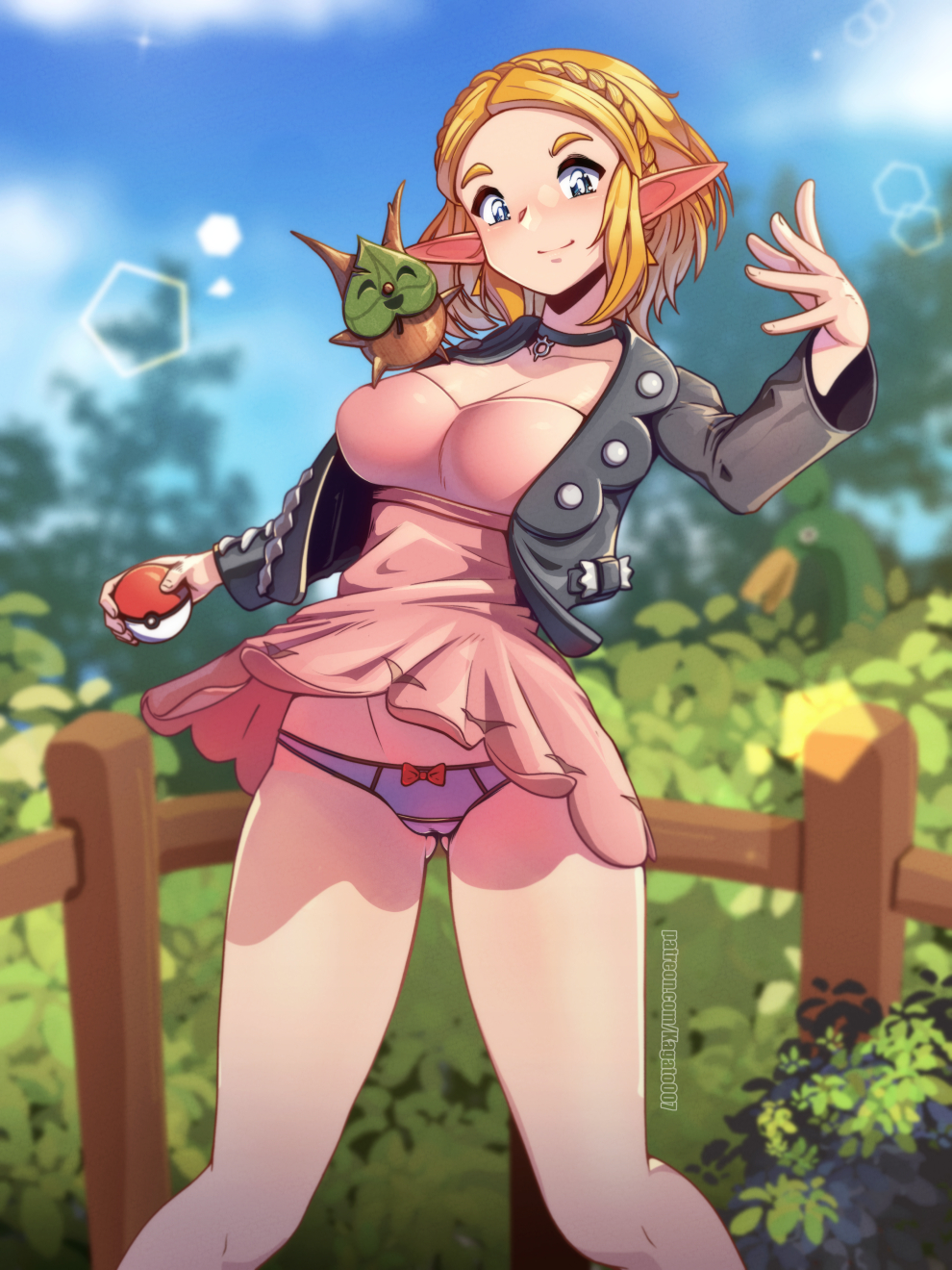 2023 blonde_hair blue_eyes cleavage collar cosplay crossover_cosplay elf_ears female female_focus female_only game_freak holding_pokéball hourglass_figure kagato007 korok leather_jacket lens_flare looking_at_viewer marnie_(pokemon)_(cosplay) medium_breasts nintendo outdoors panties patreon_url pokéball pokemon pokemon_ss princess_zelda short_blonde_hair short_hair skirt_lift standing_on_breasts sundress tears_of_the_kingdom the_legend_of_zelda upskirt zelda_(tears_of_the_kingdom)