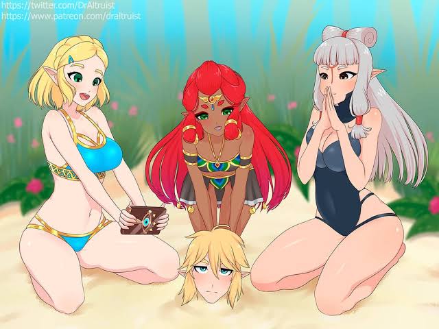 1boy 3girls alternate_version_available beach belly big_breasts bikini blonde_hair blue_eyes blush blushing breasts dark-skinned_female dark_skin draltruist elf_ears gerudo gray_eyes green_eyes hair hair_clip hylian kneeling legs link link_(tears_of_the_kingdom) long_hair long_red_hair long_white_hair medium_breasts nintendo one_piece_swimsuit patreon_url paya_(the_legend_of_zelda) princess_zelda red_hair riju sand sheikah sheikah_slate short_blonde_hair short_hair small_breasts taking_picture tears_of_the_kingdom the_legend_of_zelda tiara twitter_url water white_hair zelda_(tears_of_the_kingdom)