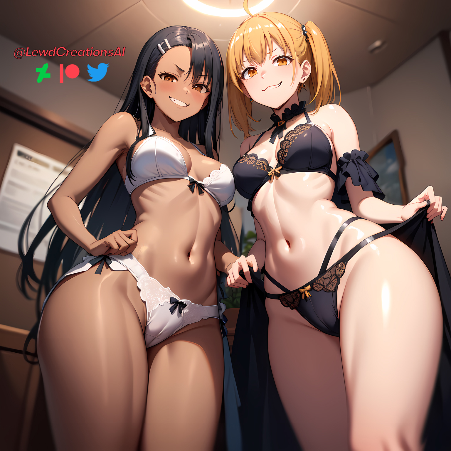 2girls, ai generated, bikini, black hair, blonde hair, cameltoe, cleavage, clothed, clothing, dominant, dominant female, female, female focus, female only, femdom, from below, hayase nagatoro, lewdcreationsai, long hair, looking at viewer, low-angle view, navel, please don't bully me, nagatoro, pussy, revealing clothes, smile, smirk, thighs, thighs together, twintails, watermark, yoshi (nagatoro)