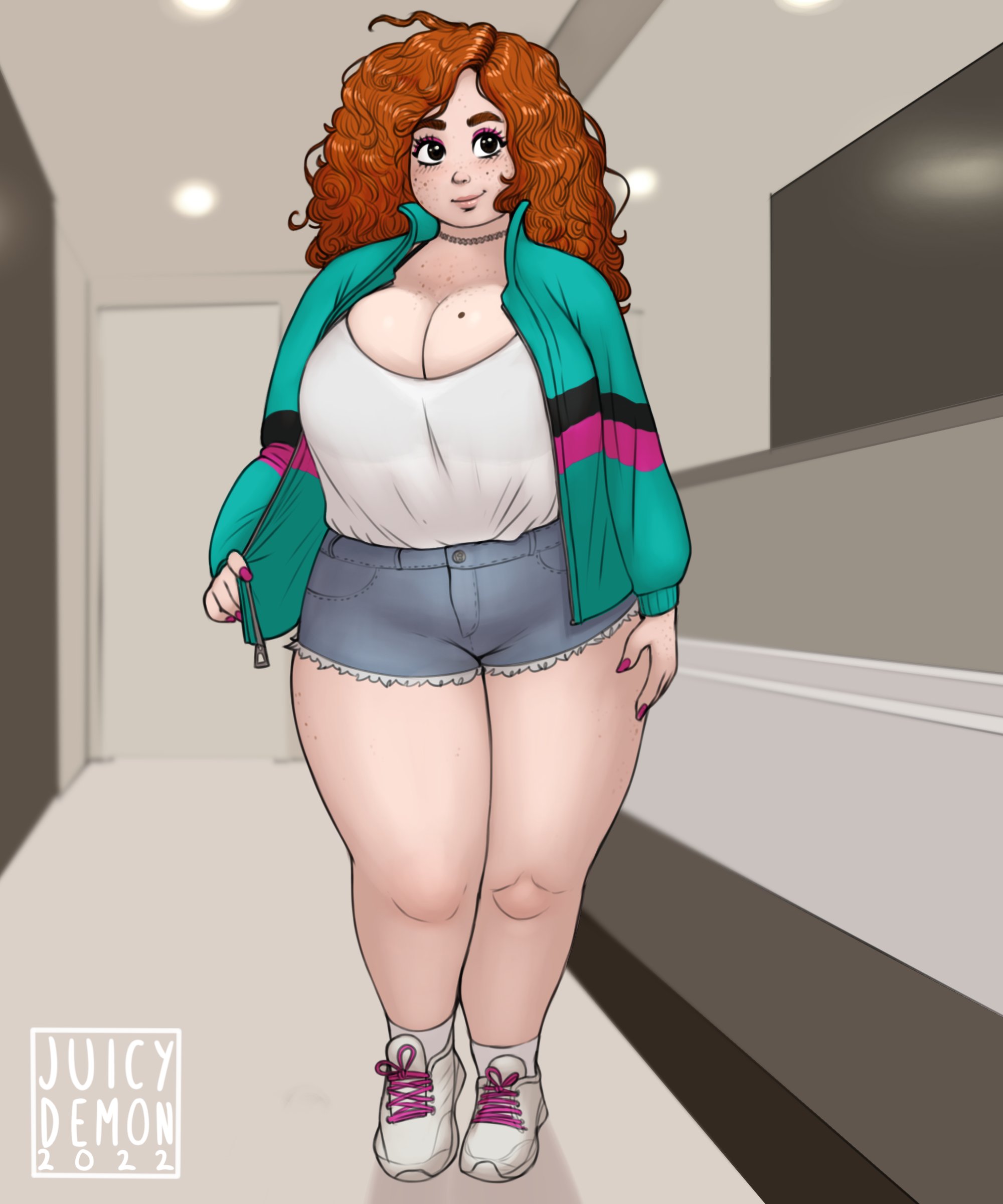 1girls, chubby, chubby female, cleavage, clothed, curly hair, curvy, female, jacket, juicydemon, rachel (juicydemon), red hair, tagme