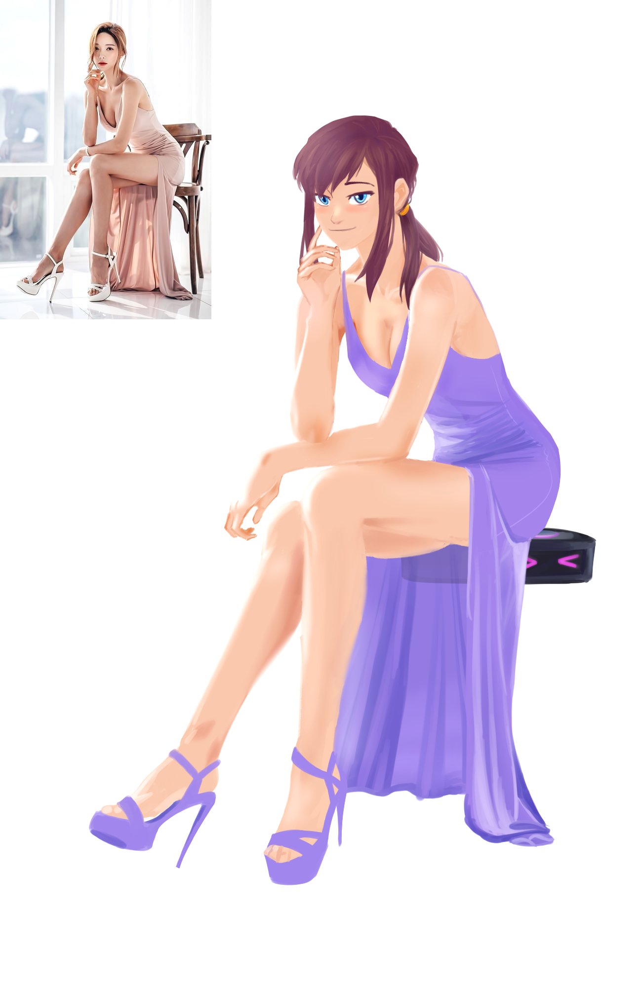 a_hat_in_time blue_eyes breasts brown_hair dress hair_tie hat_adult hat_kid heels itsahat69 large_breasts light-skinned_female light_skin long_legs ponytail purple_dress purple_heels tied_hair