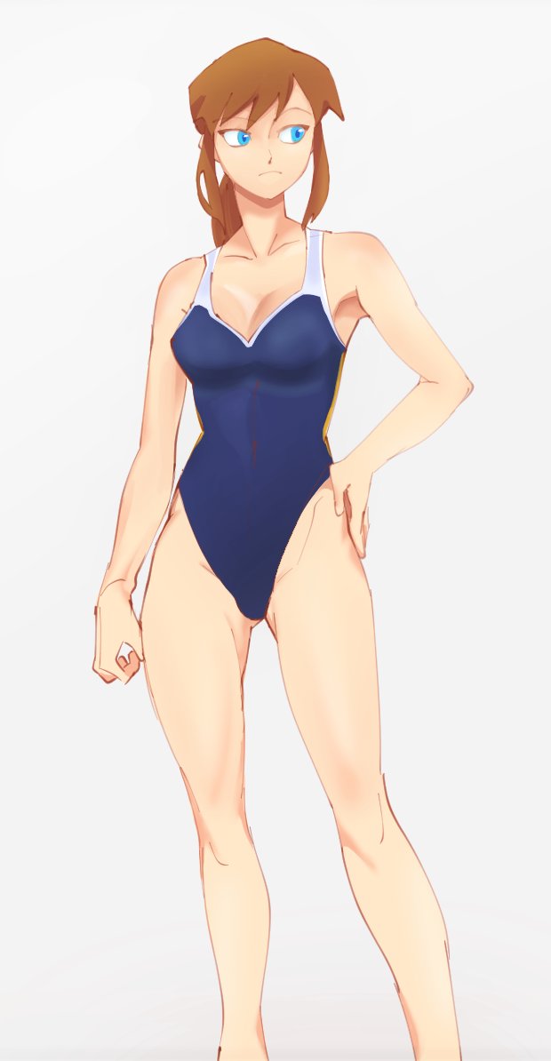 a_hat_in_time blue_eyes blue_one-piece_swimsuit blue_swimsuit breasts brown_hair hair_tie hat_adult hat_kid itsahat69 large_breasts light-skinned_female light_skin long_legs one-piece_swimsuit ponytail swimsuit tied_hair wide_hips