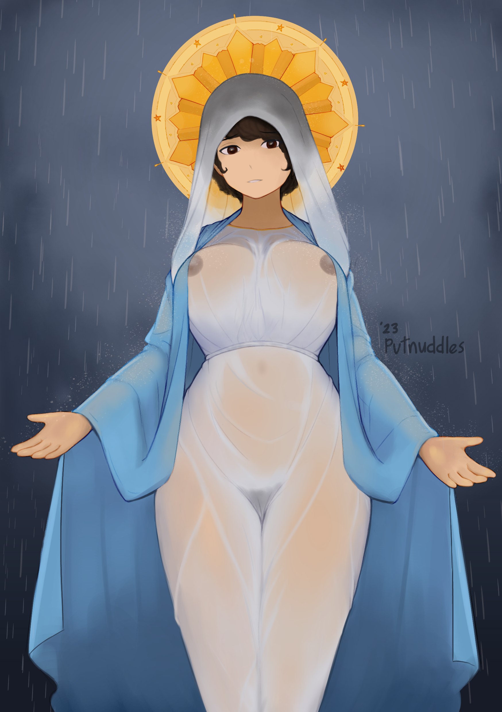 1girls, 2020s, 2023, bible, big breasts, blue eyes, breasts, brown hair, casual, christianity, clothing, curvy, female, female only, halo, human, large breasts, long hair, looking at viewer, married, mature, milf, mother, nipples, pale skin, pale-skinned female, pubic hair, public domain, pussy, pvtnuddles, rain, raining, religion, robe, see-through clothing, shawl, short hair, skin tight, thick thighs, veil, virgin, virgin mary, wet clothes