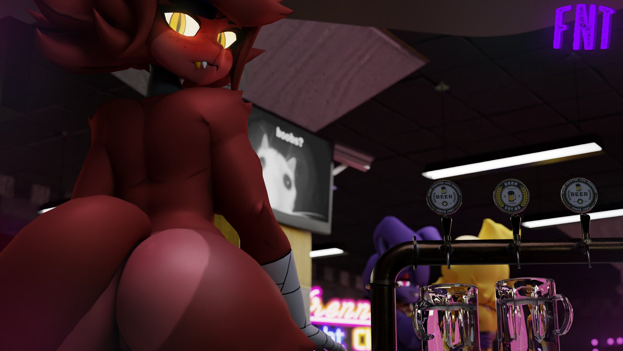 3d, 3girls, anthro, artist logo, ass, bandage, bandaged arm, big ass, blush, bonfie, bonfie (cryptia), bonnie (cally3d), bonnie (fnaf), cally3d, chica (cally3d), chica (fnaf), chiku, chiku (cryptia), clazzey, cryptiacurves, detailed background, fap nights team, fazclaire's nightclub, female, female only, fexa, fexa (cryptia), five nights at freddy's, fnaf, foxy (cally3d), foxy (fnaf), fredina's nightclub, hi res, randomstuff, red fur, scottgames, wide hips