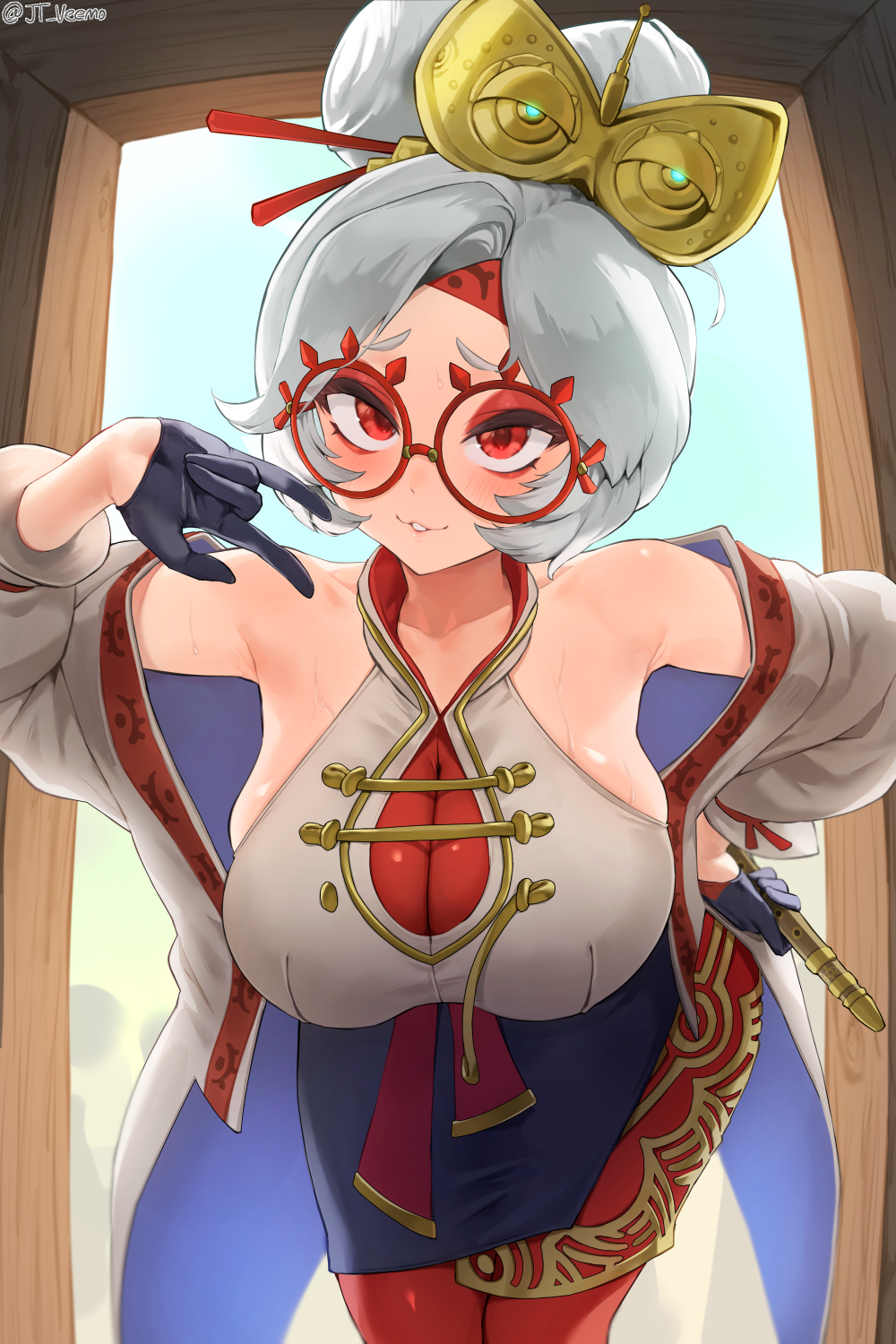 1girls, breasts, clothed, clothed female, female, glasses, hair ornament, hips, huge breasts, jtveemo, leaning forward, looking at viewer, nintendo, purah, purah (tears of the kingdom), red eyes, round glasses, smile, tears of the kingdom, the legend of zelda, thick thighs, thighs, white hair, wide hips