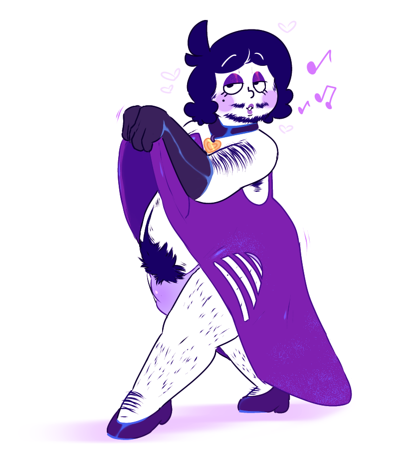 1boy bulge chubby cl0ckability collar crossdressing dark_purple_hair eyeliner hairy_arms hairy_legs half-closed_eyes high_heels humanoid lipstick makeup male male_only masculine mech_(mechcomplex) original_character purple_dress purple_eyeliner purple_lipstick purple_panties solo white_skin