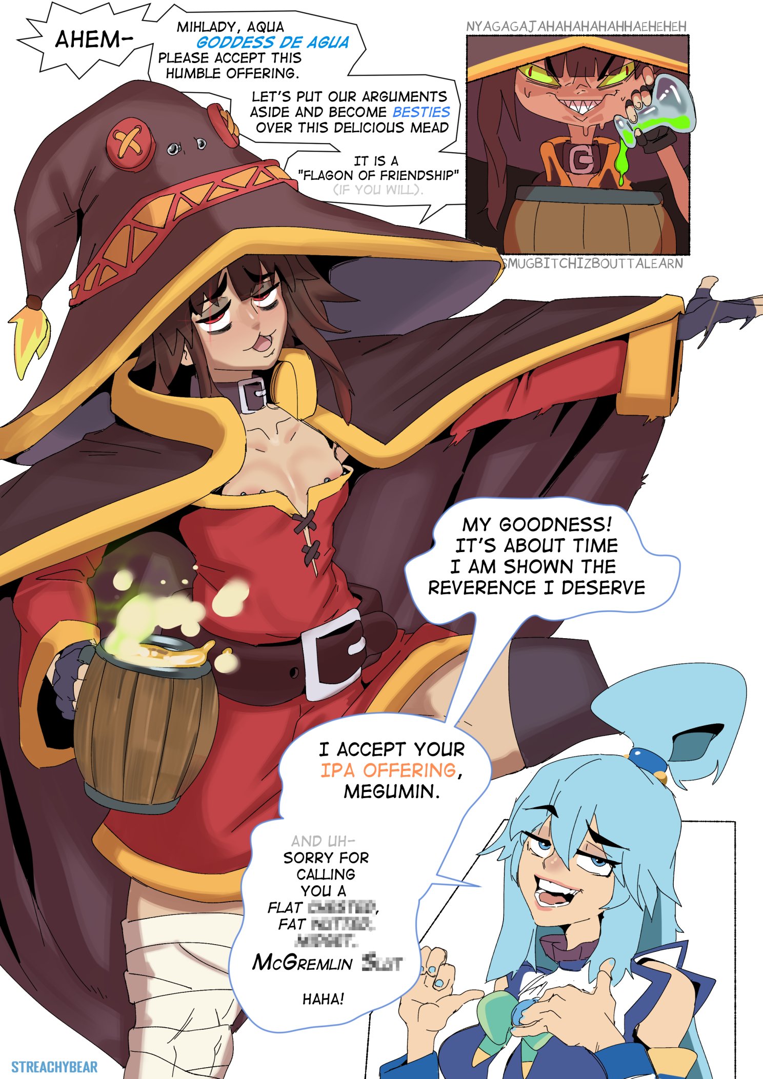 aqua (konosuba), blue hair, breasts, dialogue, english text, female, female only, kono subarashii sekai ni shukufuku wo!, megumin, multiple females, multiple girls, nipple piercing, nipple slip, nipples, piercing, small breasts, smug, smug expression, smug face, smug smile, streachybear, text