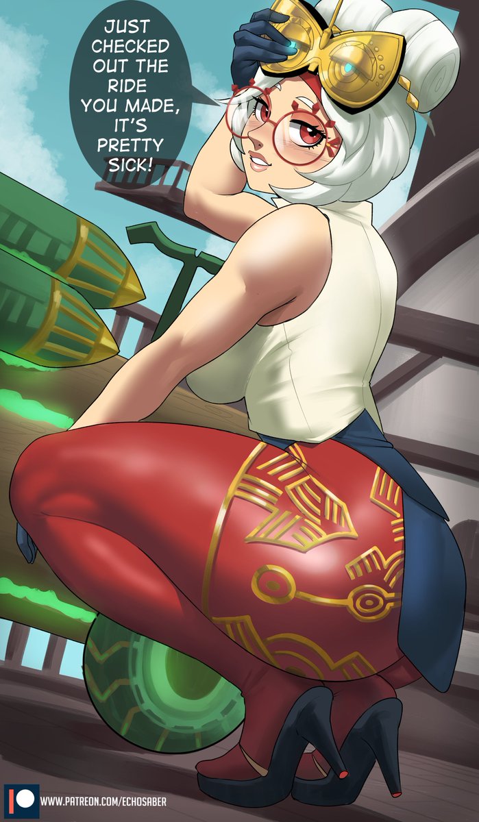1girls, ass, big ass, big breasts, breasts, clothed, echosaber, female, fully clothed, glasses, gloves, hair ornament, high heels, open toe shoes, purah, purah (tears of the kingdom), red eyes, solo, tears of the kingdom, text, the legend of zelda, thick thighs, white hair