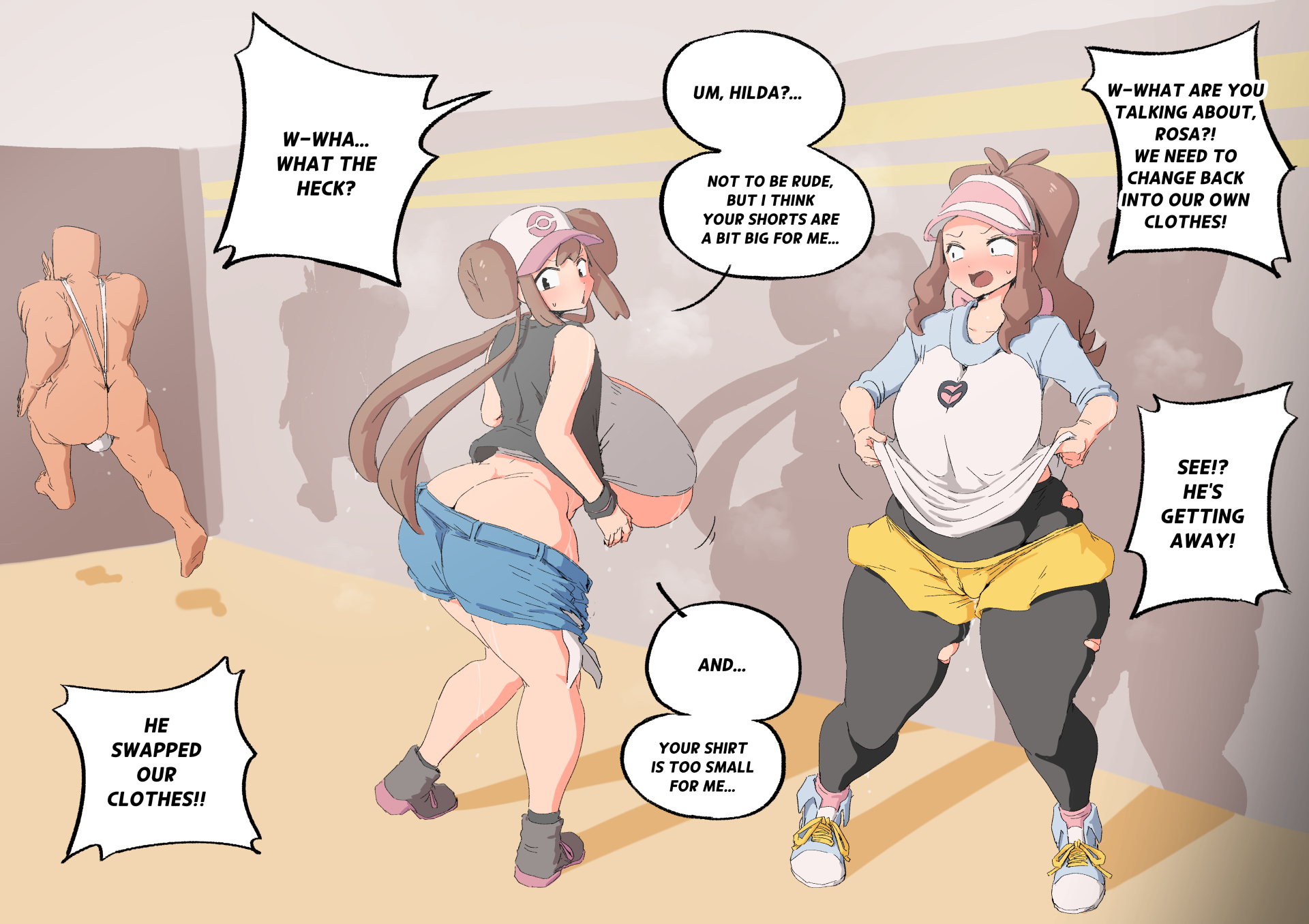 1boy, 2girls, alternate ass size, alternate body type, alternate breast size, ass, ass cleavage, ass crack, ass vs breasts, big ass, big breasts, breast size difference, breasts, brown hair, butt crack, butt size difference, clothes swap, clothing swap, comic, dialogue, english text, faceless male, female, game freak, hilda (pokemon), hips, huge breasts, large breasts, light skin, light-skinned male, long hair, male, male/female, nintendo, outfit swap, pokemon, pokemon bw, pokemon bw2, ponytail, rosa (pokemon), thick thighs, thighs, twin buns, twintails, wide hips, woohyoot